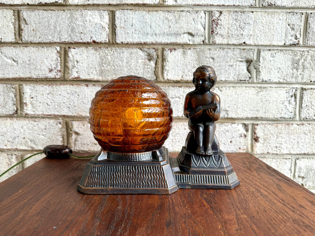 Antique Cast Bronze Child Reading Lamp | Crinkle Glass Globe Lamp | Amber Glass Globe Bronze Lamp | Frankart Style Lamp | Dresser Lamp