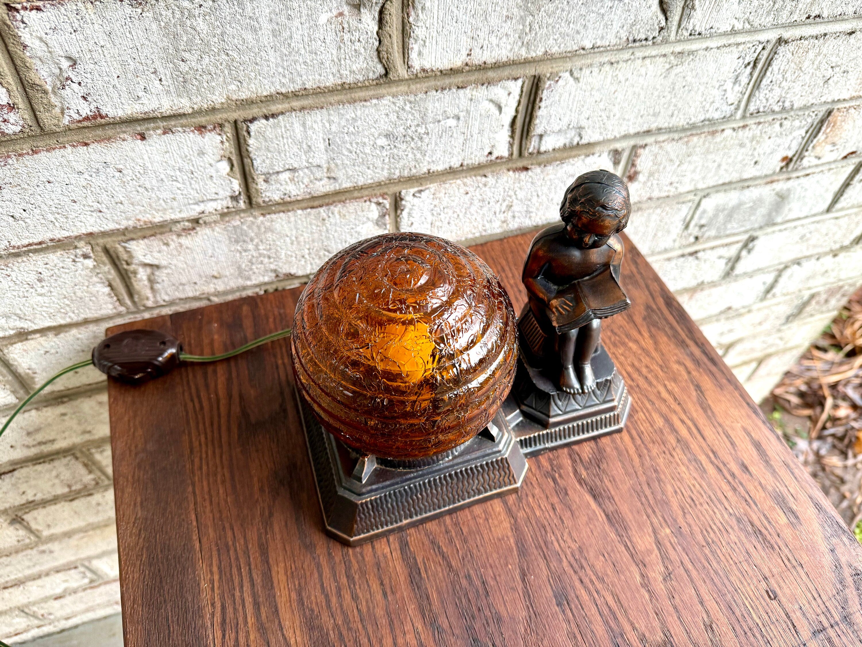 Antique Cast Bronze Child Reading Lamp | Crinkle Glass Globe Lamp | Amber Glass Globe Bronze Lamp | Frankart Style Lamp | Dresser Lamp
