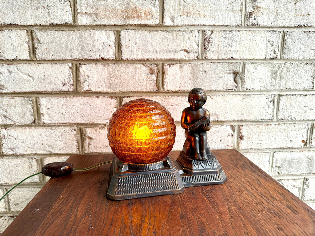 Antique Cast Bronze Child Reading Lamp | Crinkle Glass Globe Lamp | Amber Glass Globe Bronze Lamp | Frankart Style Lamp | Dresser Lamp