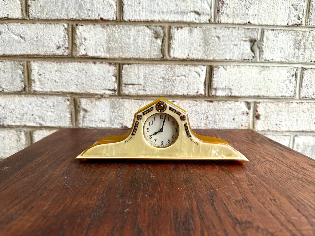 Celluloid & Bakelite Vanity Clock | Vintage Ornate Celluloid Bakelite Dresser Clock | Small Made In USA Celluloid Vanity Clock | Art Deco Clock