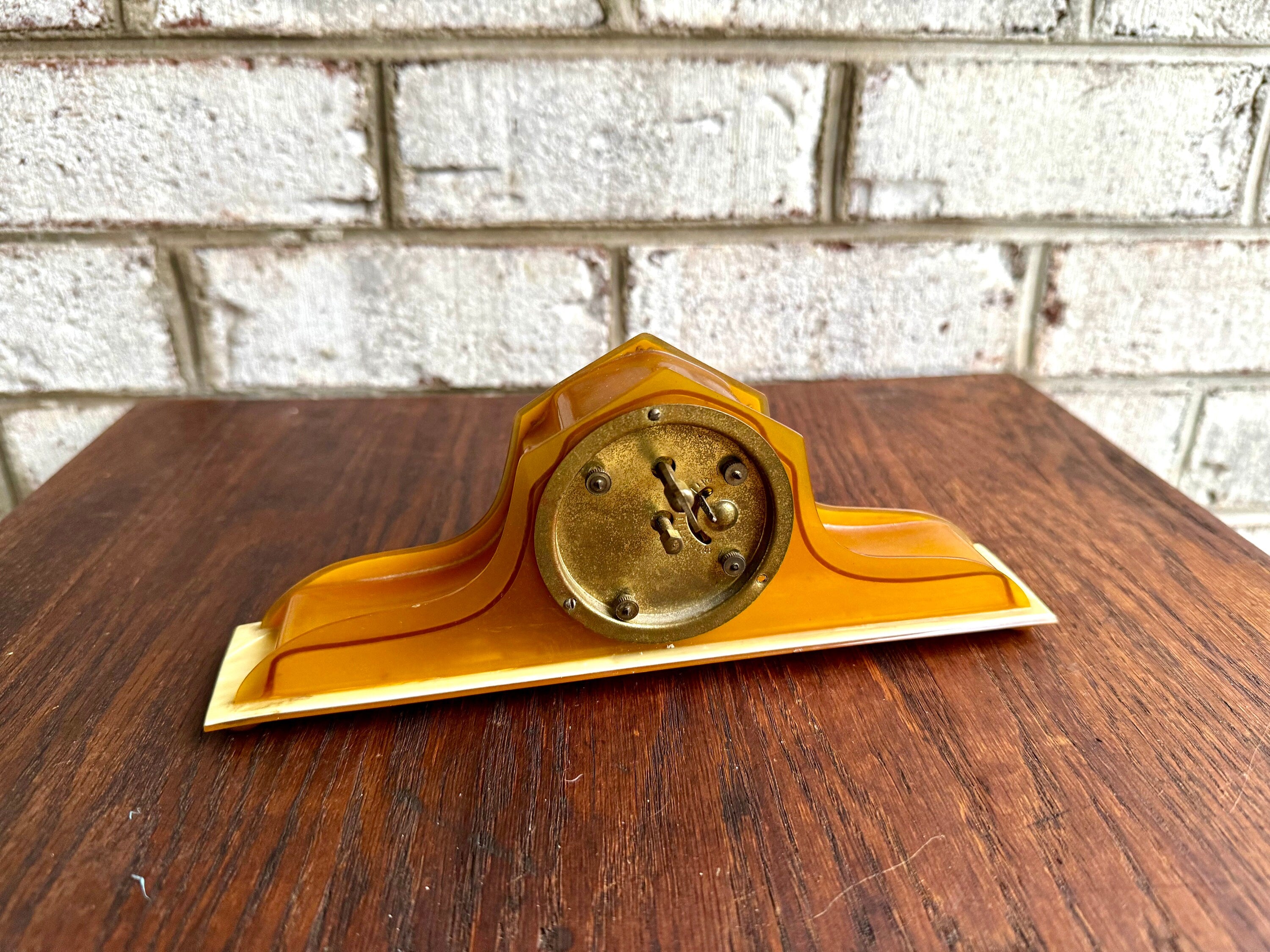 Celluloid & Bakelite Vanity Clock | Vintage Ornate Celluloid Bakelite Dresser Clock | Small Made In USA Celluloid Vanity Clock | Art Deco Clock