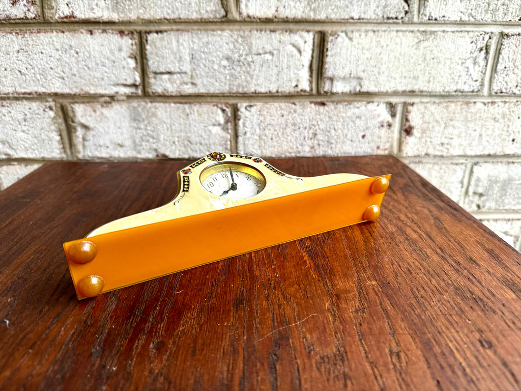 Celluloid & Bakelite Vanity Clock | Vintage Ornate Celluloid Bakelite Dresser Clock | Small Made In USA Celluloid Vanity Clock | Art Deco Clock