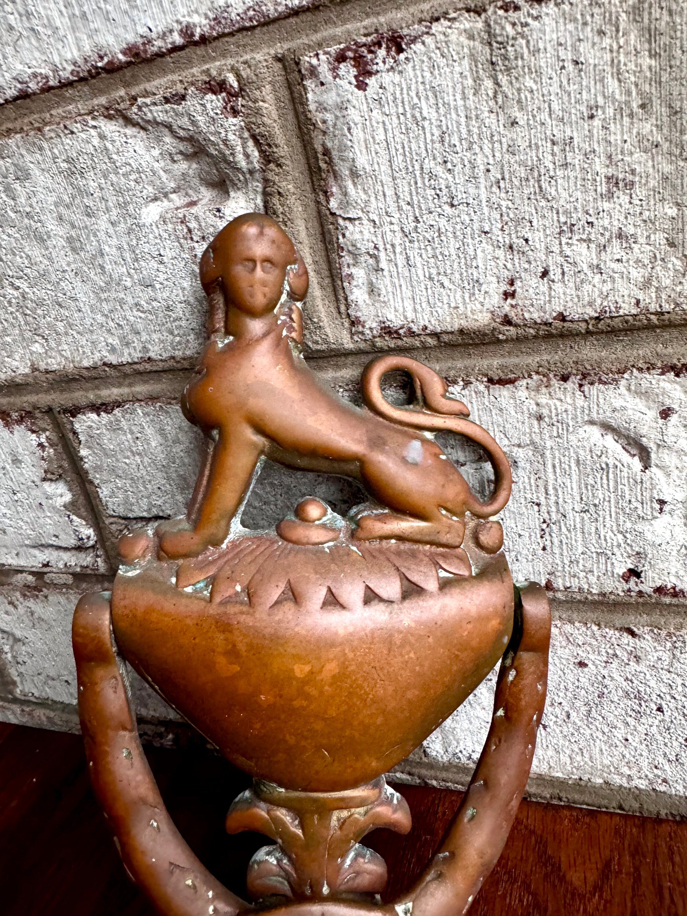 Antique Bronze Sphinx Door Knocker | Rustic 1800's Sphinx Door Knocker | English Regency Sphinx Door Decor | Neoclassic Motif Design Knocker
