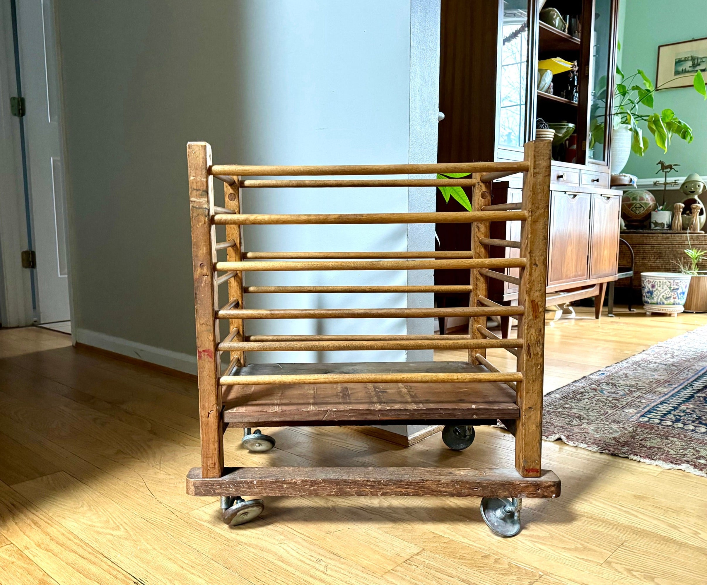 Antique Wooden Rolling Storage Cart | Rolling Cobblers Leather Scrap Cart | Oak Rolling Blanket Storage | Dowel Rod Storage Bin | Wood Bin