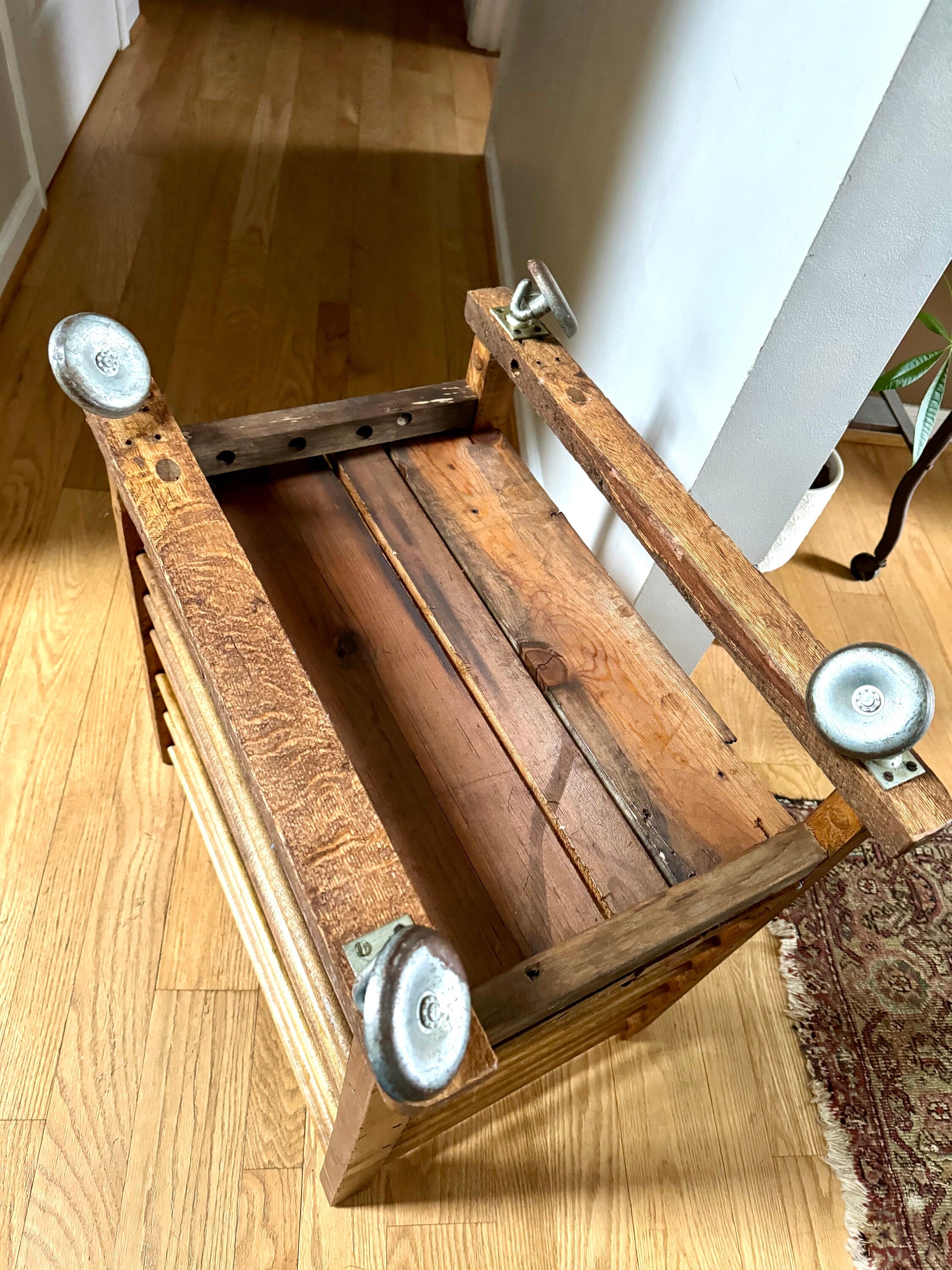 Antique Wooden Rolling Storage Cart | Rolling Cobblers Leather Scrap Cart | Oak Rolling Blanket Storage | Dowel Rod Storage Bin | Wood Bin