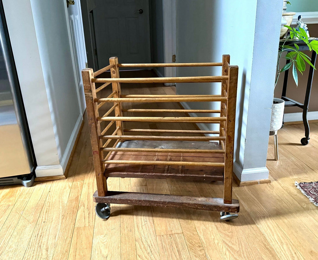 Antique Wooden Rolling Storage Cart | Rolling Cobblers Leather Scrap Cart | Oak Rolling Blanket Storage | Dowel Rod Storage Bin | Wood Bin
