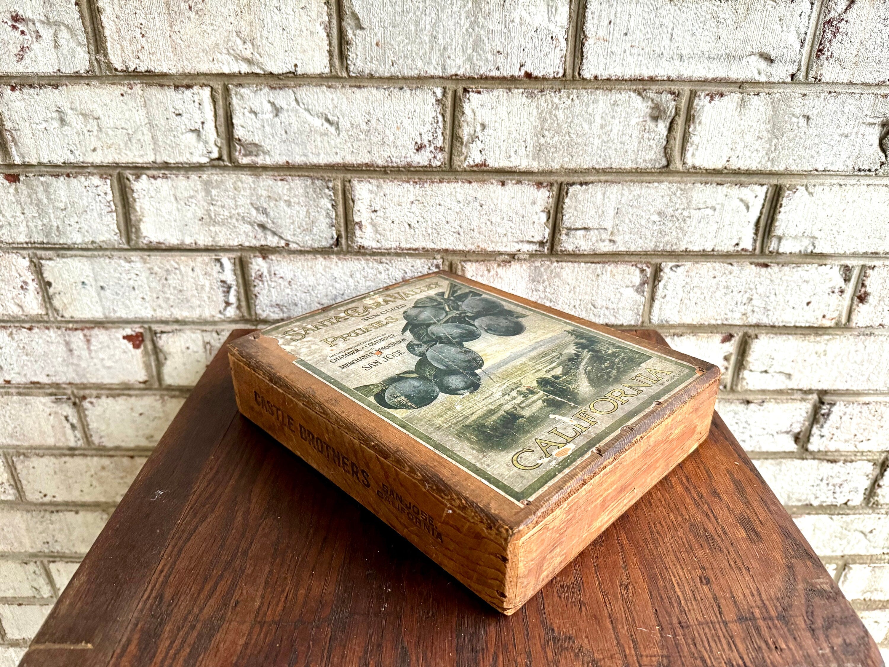 Antique Wood Castle Brothers Prune Box | Distressed Wood Prune Box | California Sun-Dried Prune Box | Santa Clara Valley Sun Dried Prune Box