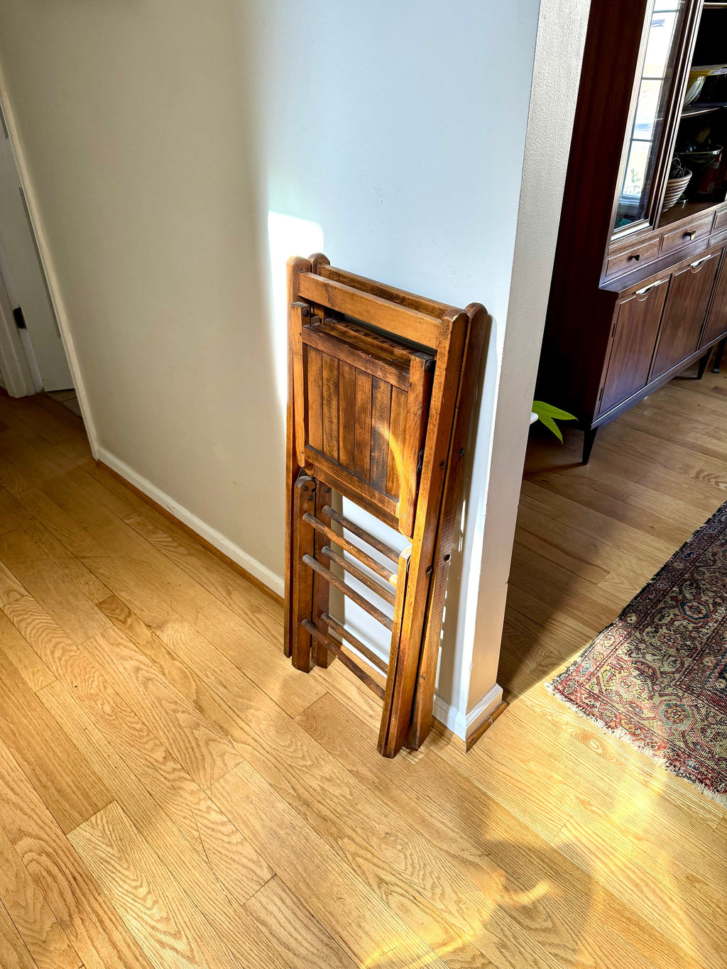 Early 20th Century Wood Folding Chairs | Solid Hardwood Folding Chairs | Unique Early Folding Chairs | Pair of Unique Folding Slat Chairs