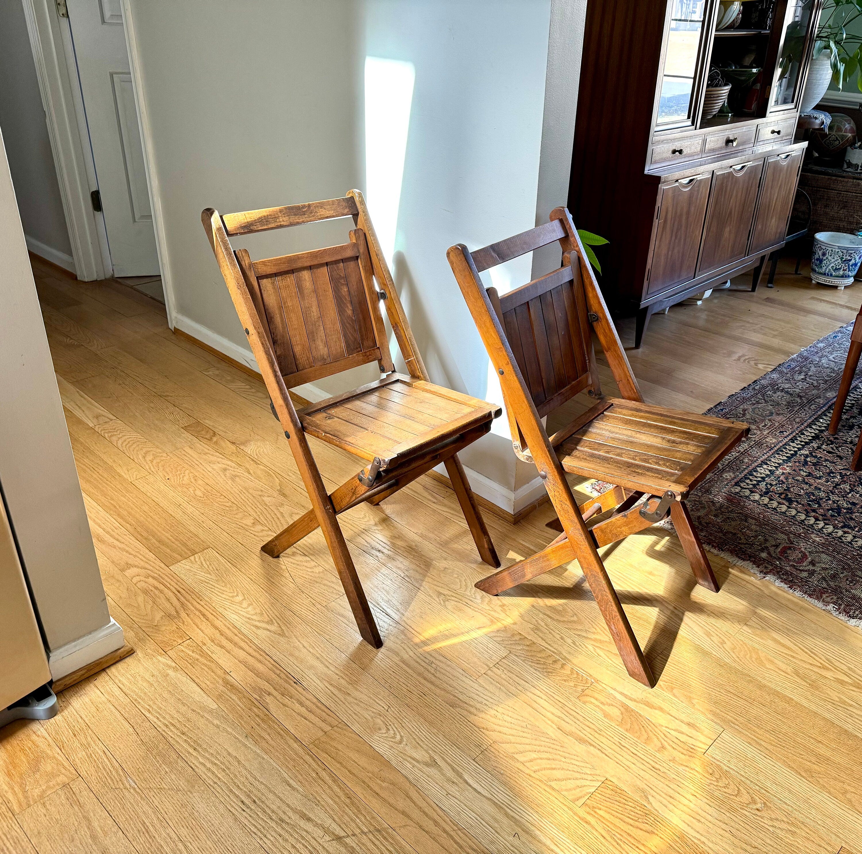 Early 20th Century Wood Folding Chairs | Solid Hardwood Folding Chairs | Unique Early Folding Chairs | Pair of Unique Folding Slat Chairs