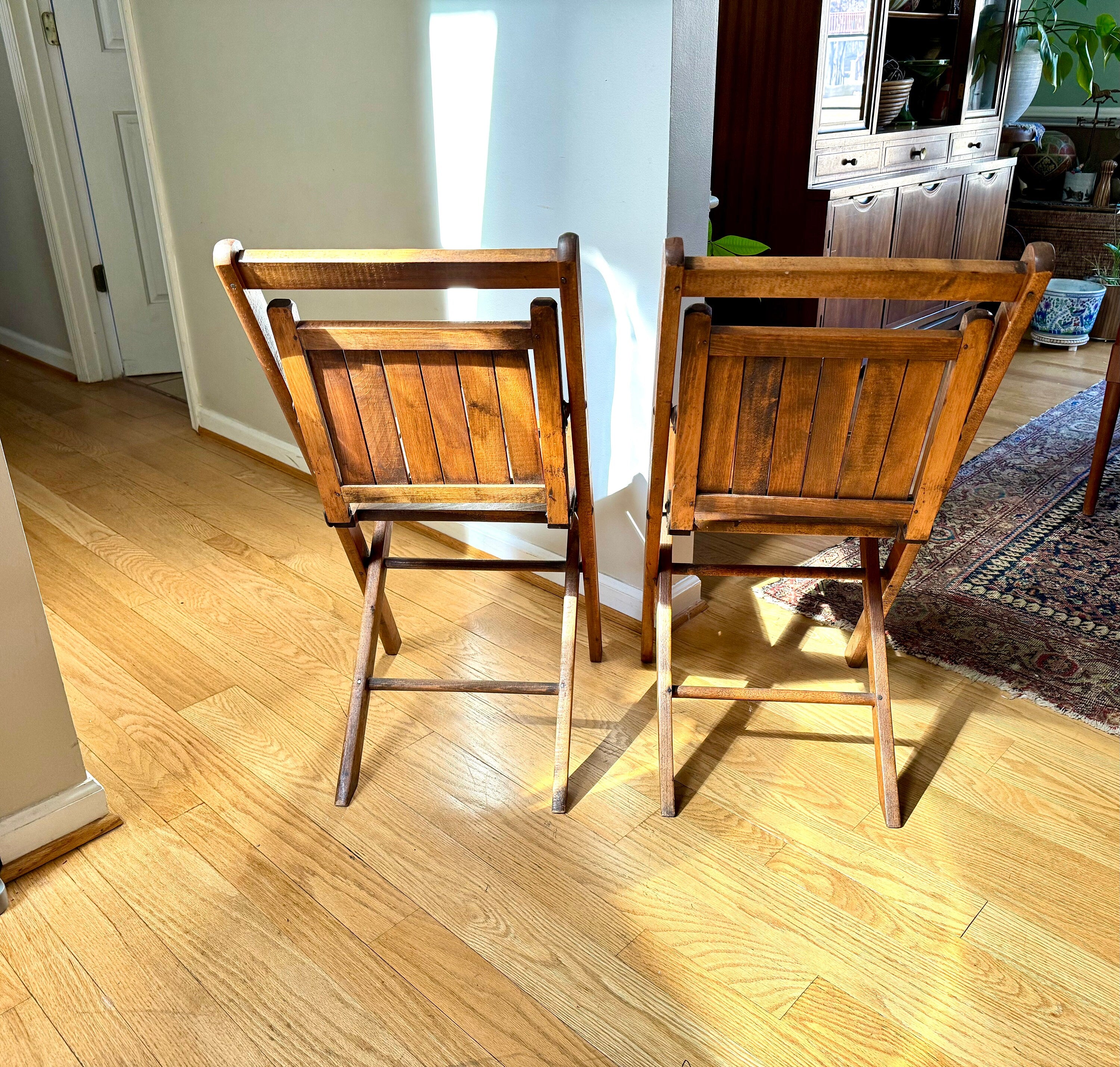 Early 20th Century Wood Folding Chairs | Solid Hardwood Folding Chairs | Unique Early Folding Chairs | Pair of Unique Folding Slat Chairs