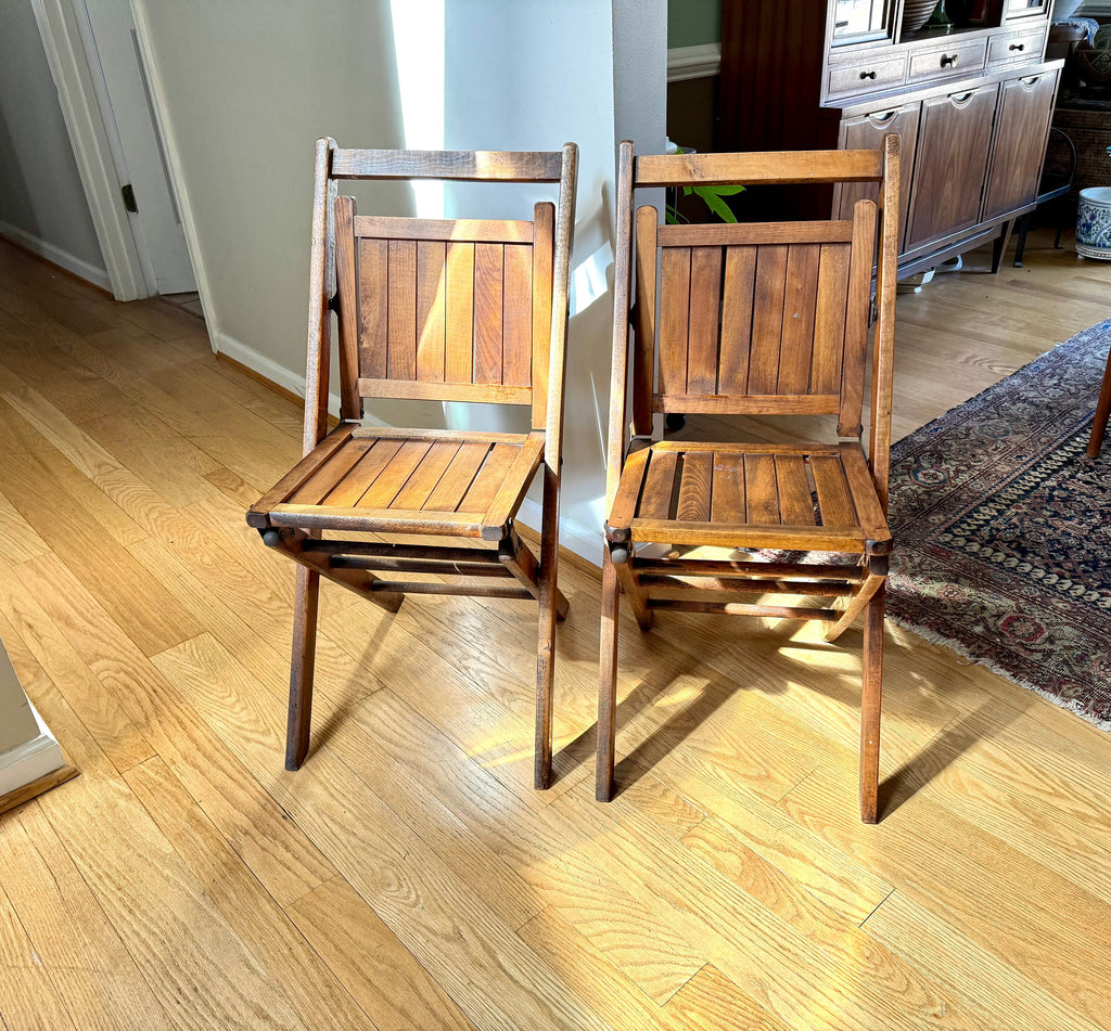 Early 20th Century Wood Folding Chairs | Solid Hardwood Folding Chairs | Unique Early Folding Chairs | Pair of Unique Folding Slat Chairs