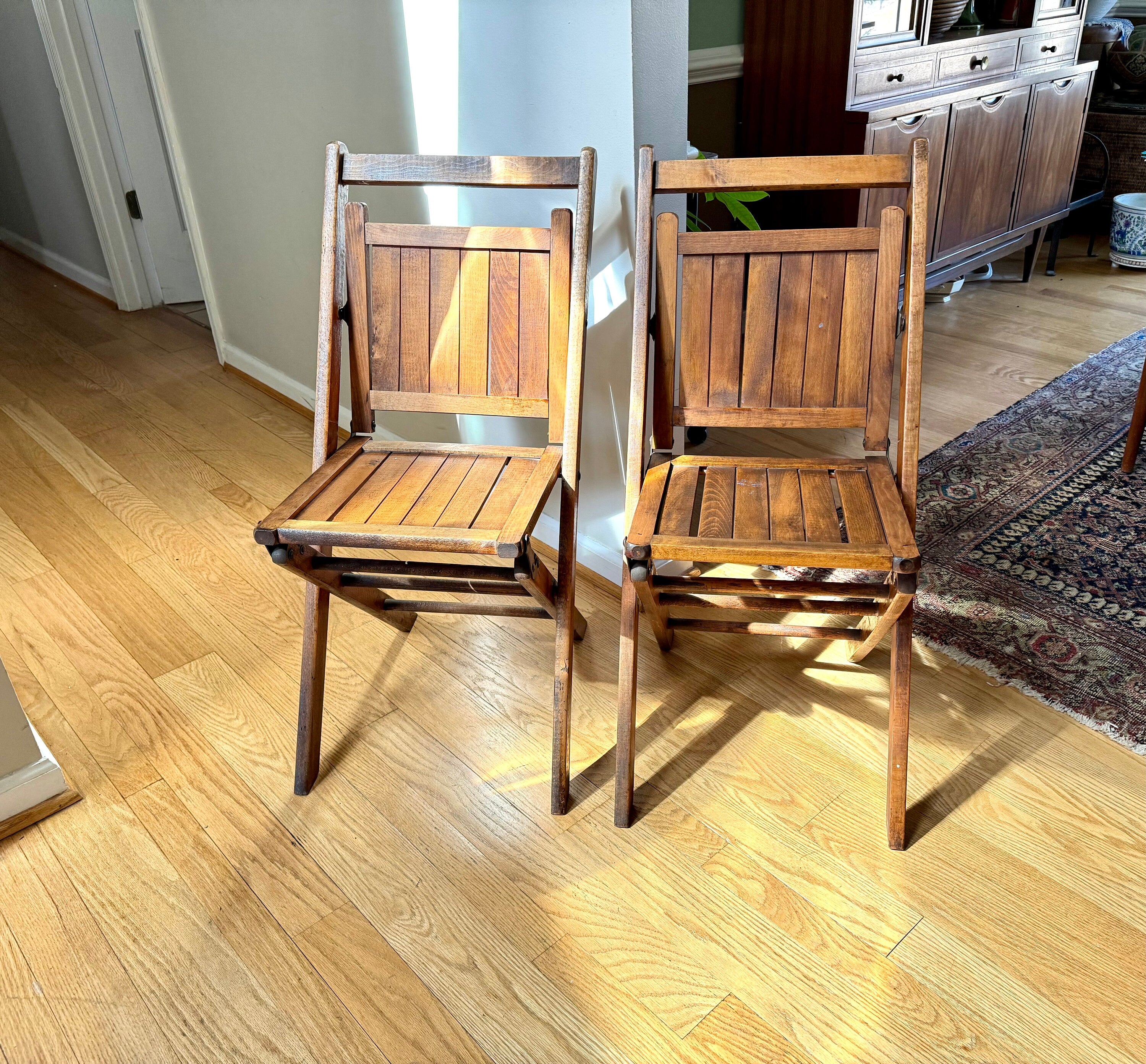 Early 20th Century Wood Folding Chairs | Solid Hardwood Folding Chairs | Unique Early Folding Chairs | Pair of Unique Folding Slat Chairs