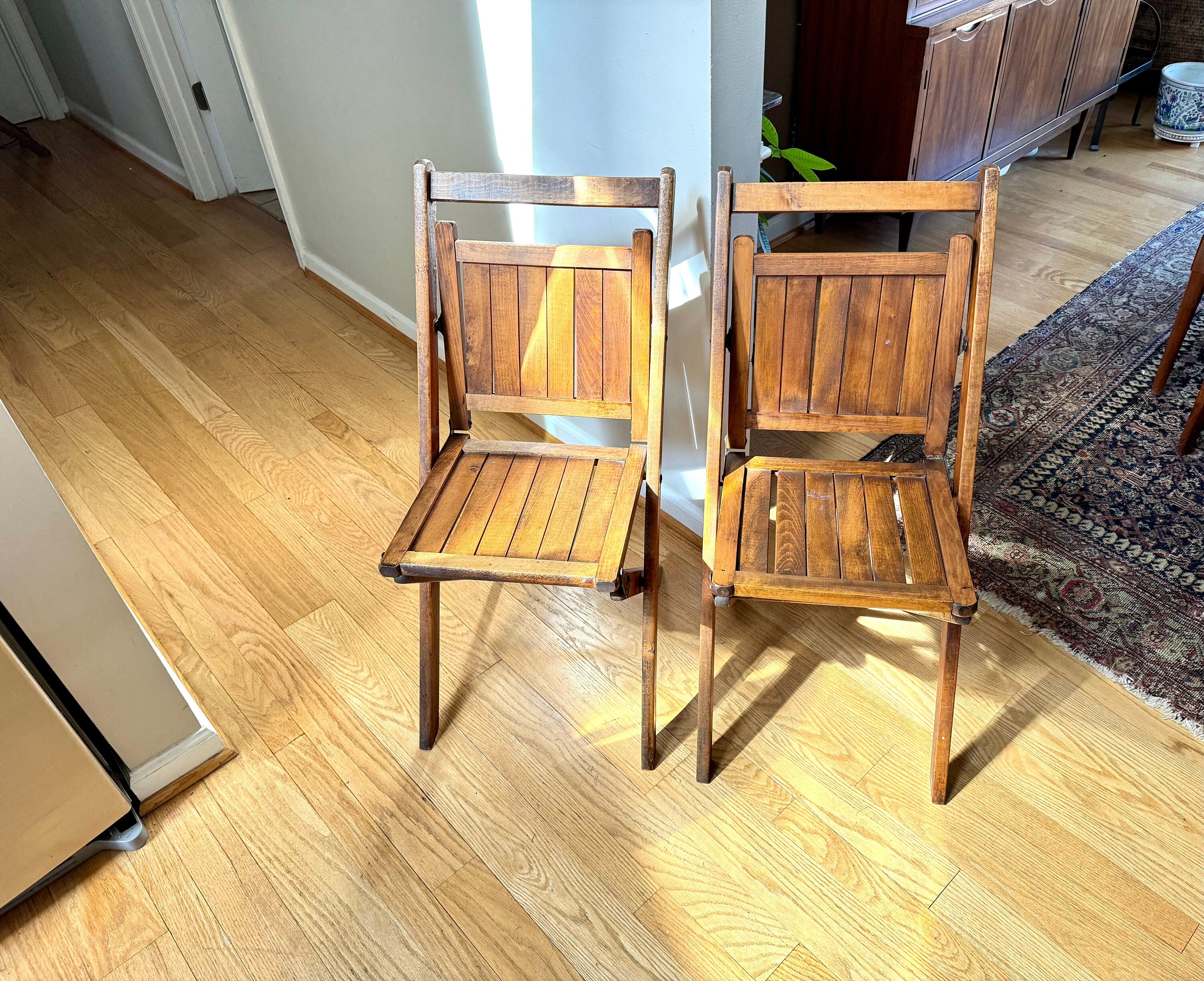 Early 20th Century Wood Folding Chairs | Solid Hardwood Folding Chairs | Unique Early Folding Chairs | Pair of Unique Folding Slat Chairs