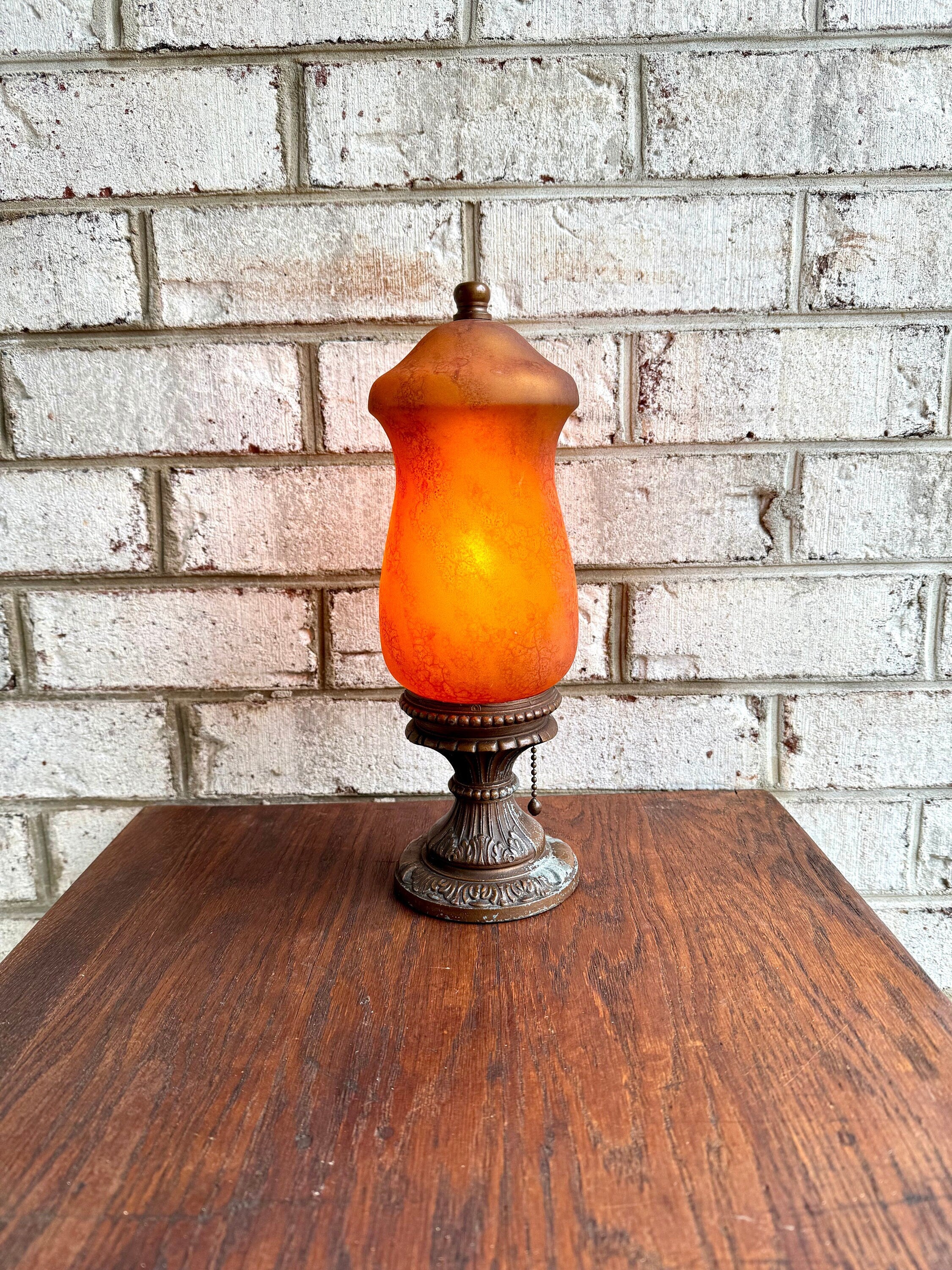 Frosted Boudoir Lamp | Antique Frosted Amber Mantle Lamp | Vintage Ornate Burnt Orange Cylinder Glass Lamp | Decorative Accent Lamp