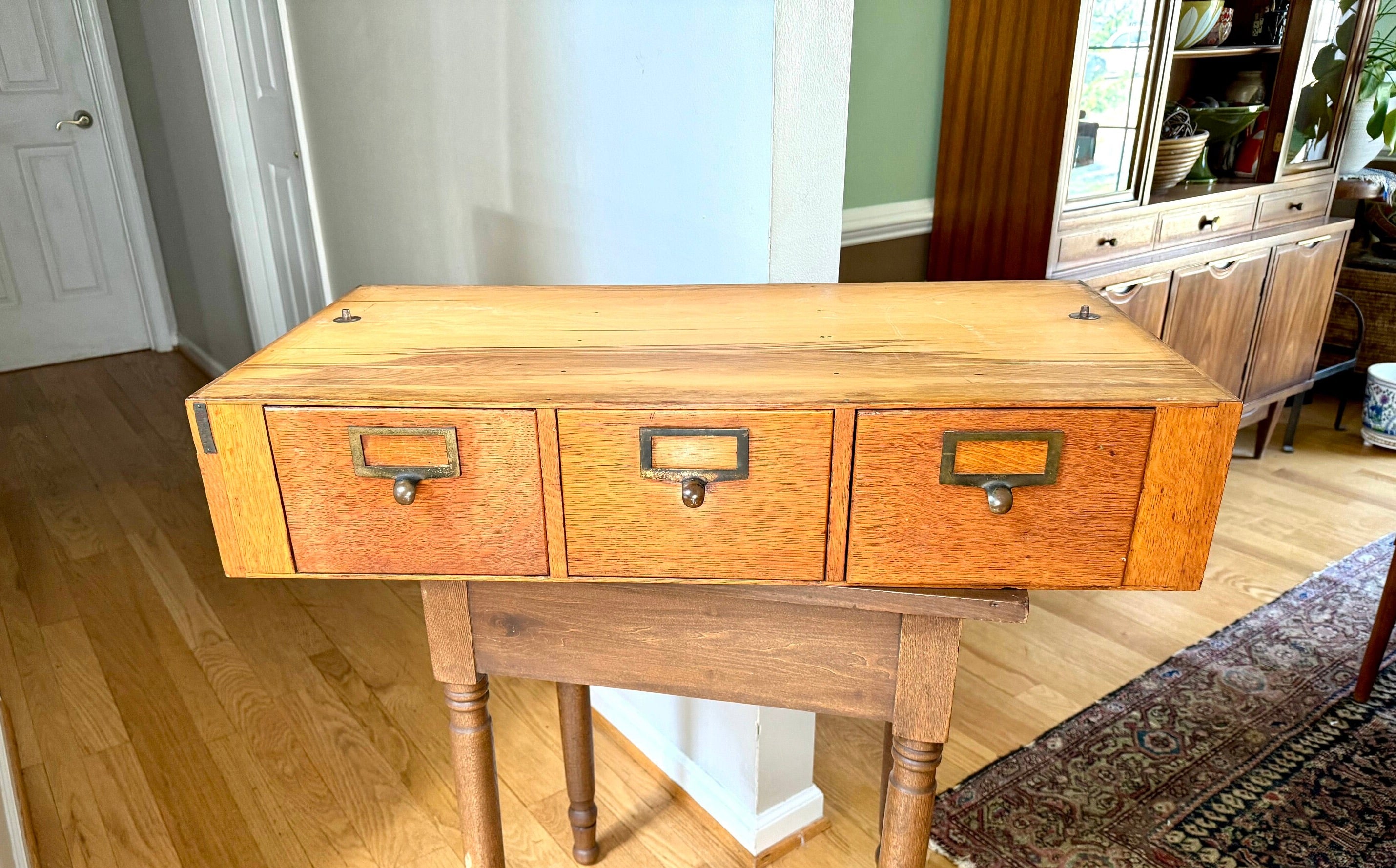 Vtg Wooden Globe Wernicke Card Catalog | Wood Card Catalog Cabinet | Rustic Storage | 3 Drawer Globe Cabinet| Library Card Catalog Table