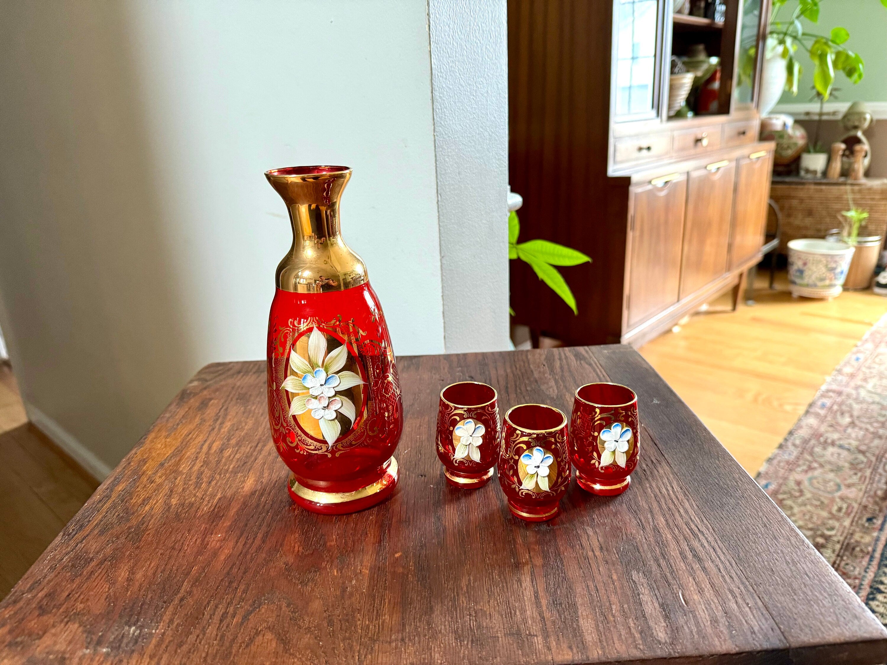 Vtg Murano Ruby Red Glass Liquor Decanter Set | Hand Painted Floral Motif Red Glass Decanter Set | Venetian Glass 18KT Gold Bar Set