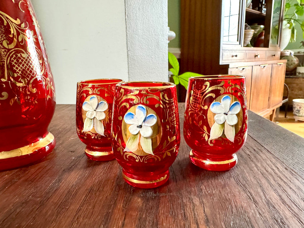 Vtg Murano Ruby Red Glass Liquor Decanter Set | Hand Painted Floral Motif Red Glass Decanter Set | Venetian Glass 18KT Gold Bar Set
