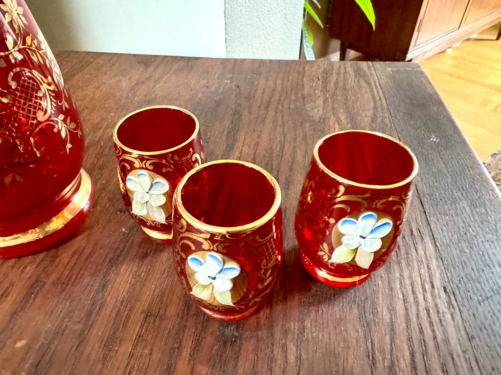 Vtg Murano Ruby Red Glass Liquor Decanter Set | Hand Painted Floral Motif Red Glass Decanter Set | Venetian Glass 18KT Gold Bar Set