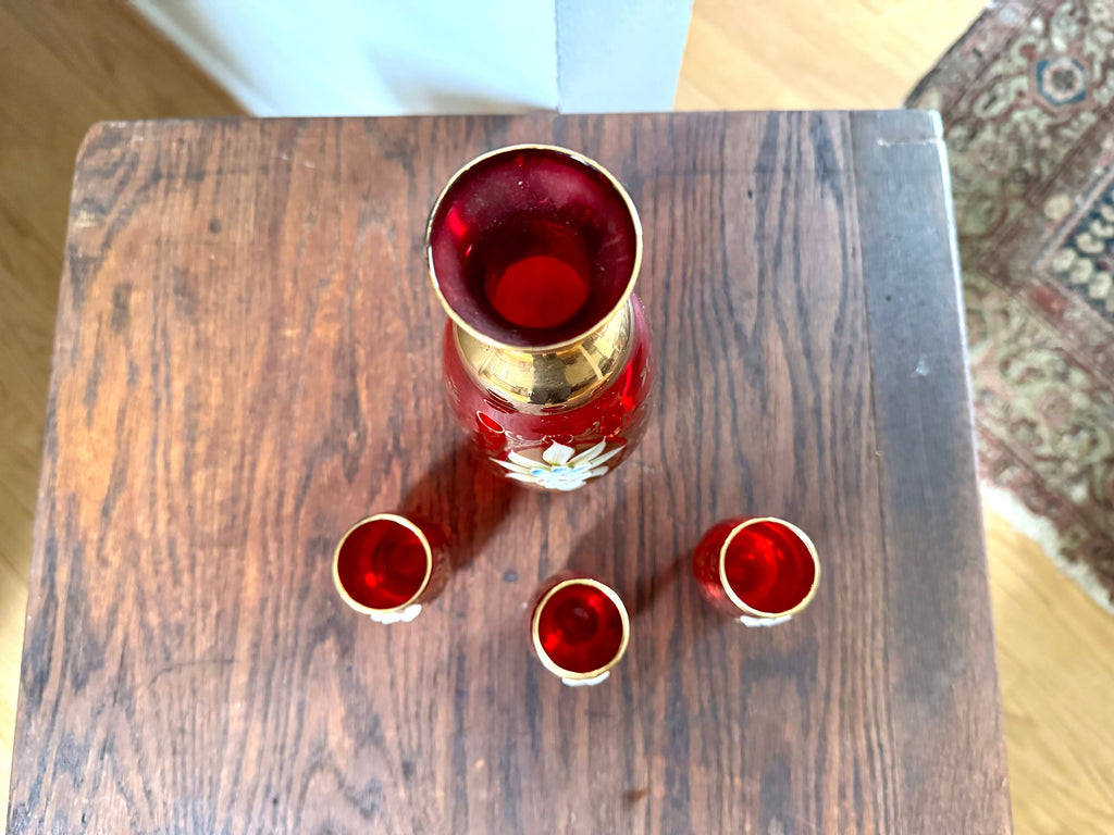 Vtg Murano Ruby Red Glass Liquor Decanter Set | Hand Painted Floral Motif Red Glass Decanter Set | Venetian Glass 18KT Gold Bar Set