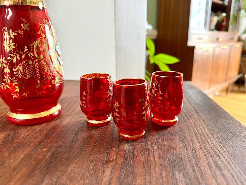 Vtg Murano Ruby Red Glass Liquor Decanter Set | Hand Painted Floral Motif Red Glass Decanter Set | Venetian Glass 18KT Gold Bar Set