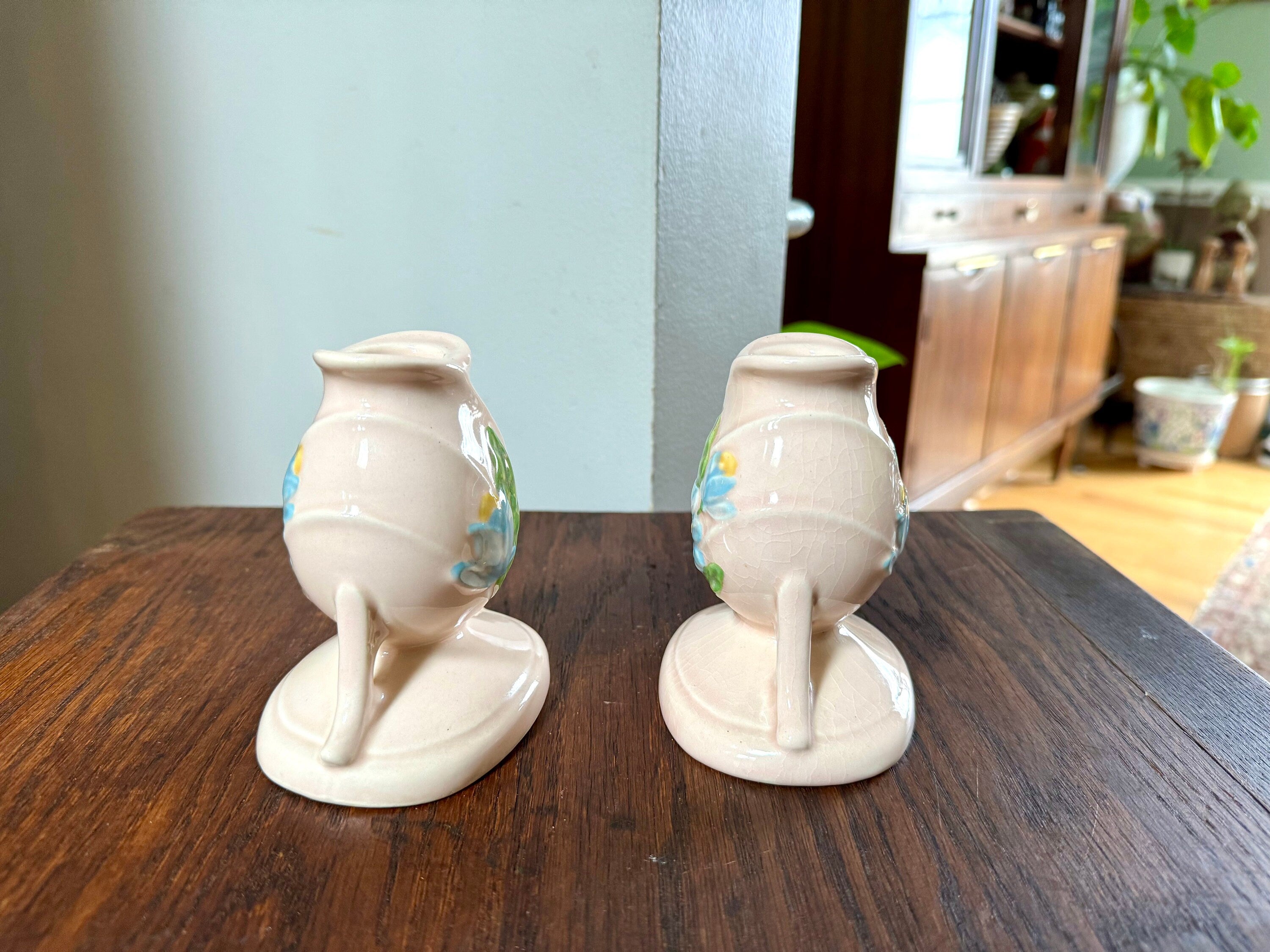 Vtg Hull Ceramic Candlestick Holders | Hull USA H-24 Candleholders | Floral Ceramic Candle Holders | Blue Magnolia Candleholders