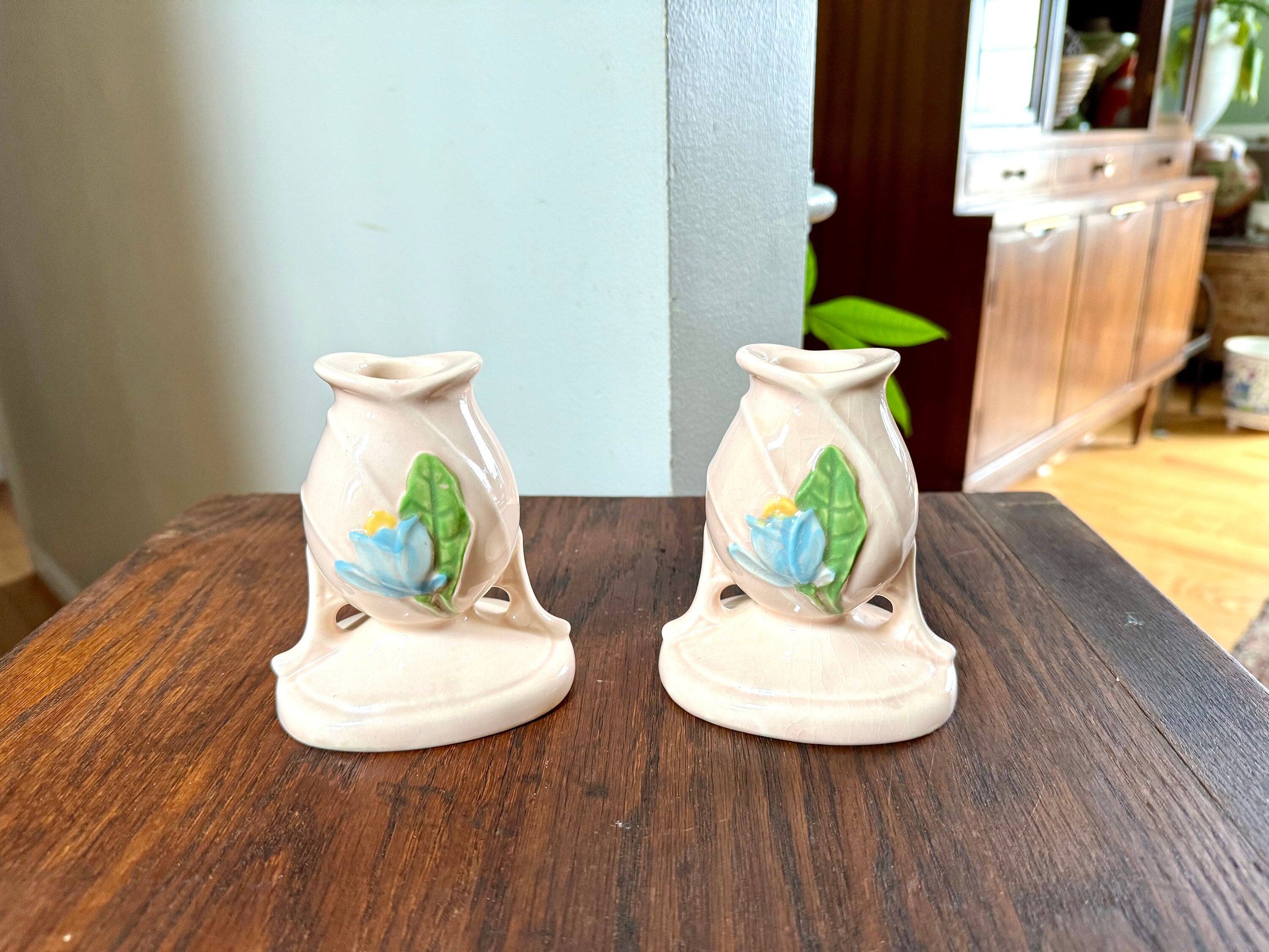 Vtg Hull Ceramic Candlestick Holders | Hull USA H-24 Candleholders | Floral Ceramic Candle Holders | Blue Magnolia Candleholders
