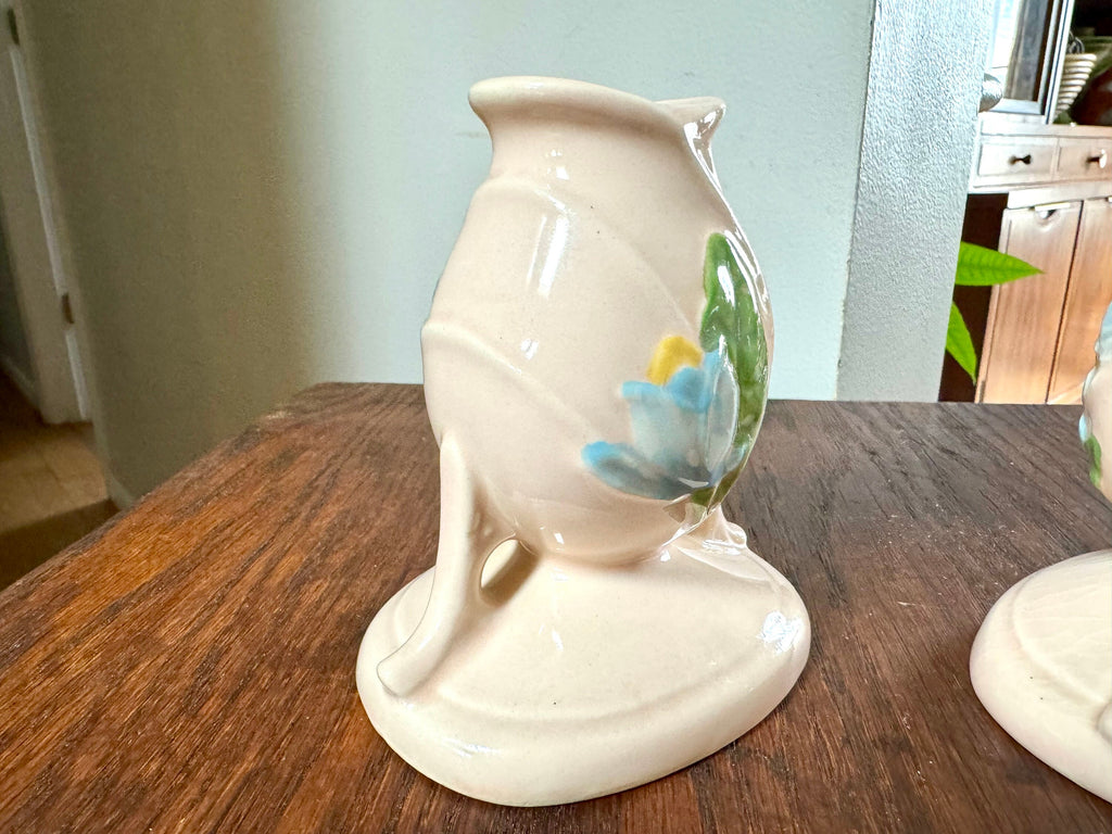 Vtg Hull Ceramic Candlestick Holders | Hull USA H-24 Candleholders | Floral Ceramic Candle Holders | Blue Magnolia Candleholders