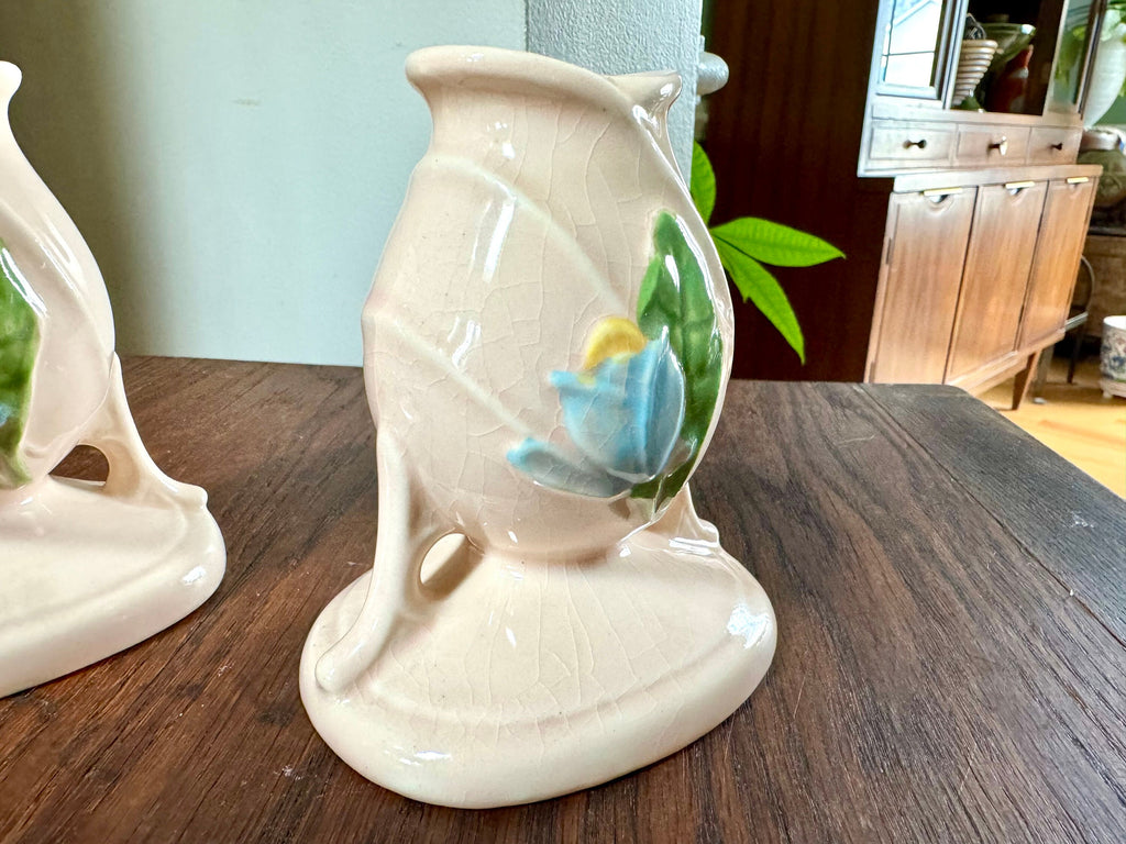 Vtg Hull Ceramic Candlestick Holders | Hull USA H-24 Candleholders | Floral Ceramic Candle Holders | Blue Magnolia Candleholders