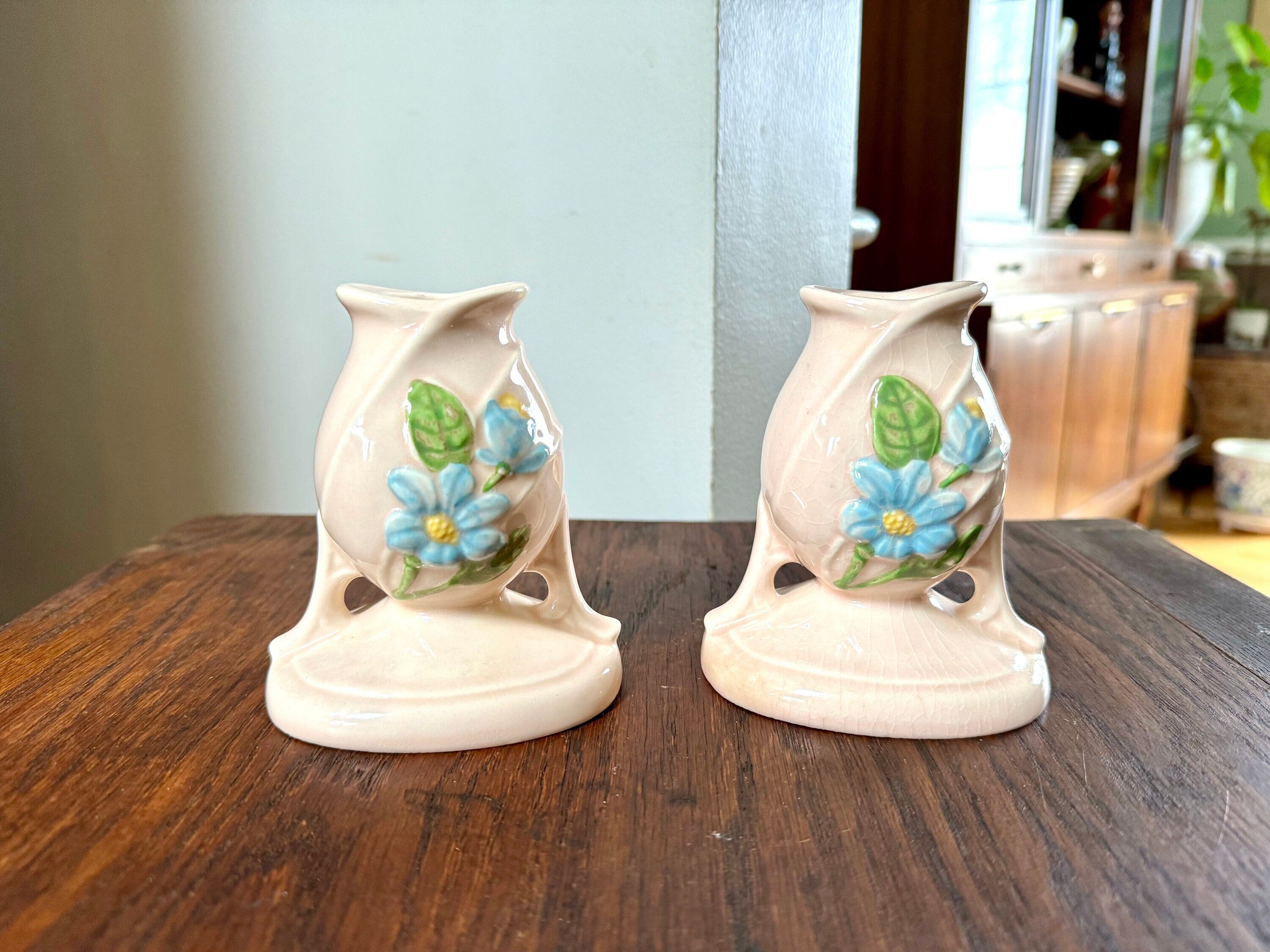 Vtg Hull Ceramic Candlestick Holders | Hull USA H-24 Candleholders | Floral Ceramic Candle Holders | Blue Magnolia Candleholders