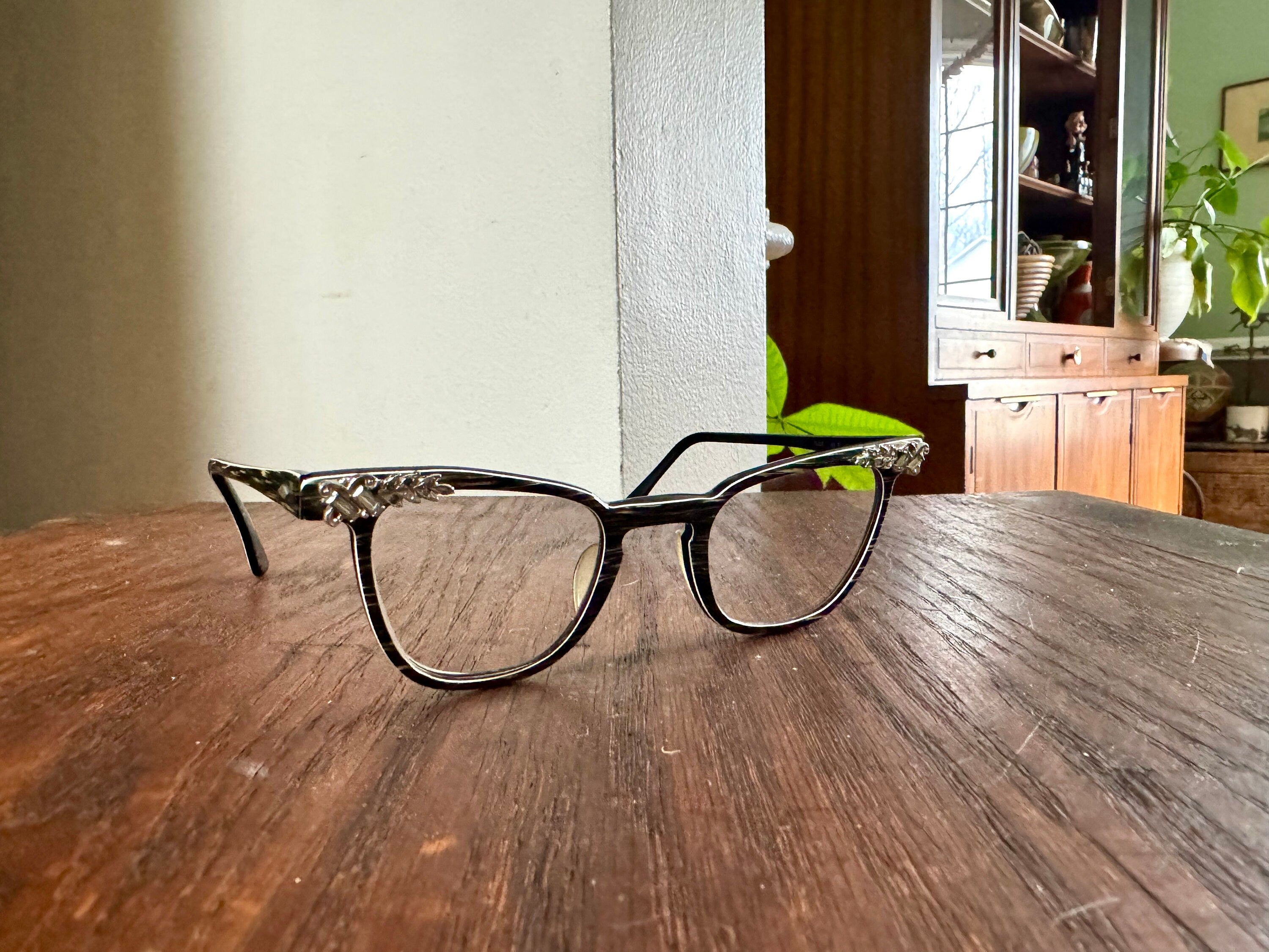 Vtg Pair Of 1950's Cat Eye Eyeglasses | Bausch and Lomb Eyewear | Cats Eye Glasses | Jeweled Eyeglasses| Black and White Striped Eyewear