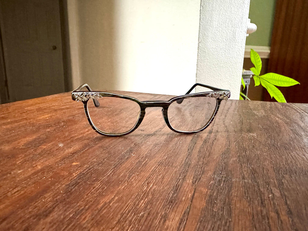 Vtg Pair Of 1950's Cat Eye Eyeglasses | Bausch and Lomb Eyewear | Cats Eye Glasses | Jeweled Eyeglasses| Black and White Striped Eyewear