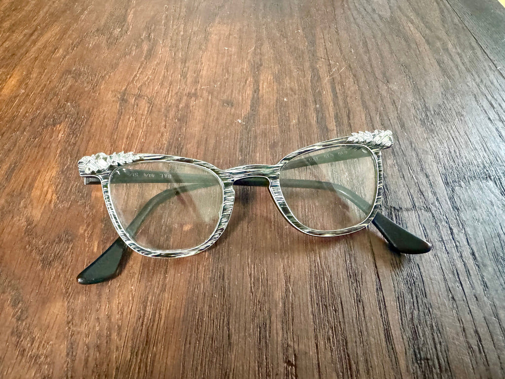 Vtg Pair Of 1950's Cat Eye Eyeglasses | Bausch and Lomb Eyewear | Cats Eye Glasses | Jeweled Eyeglasses| Black and White Striped Eyewear
