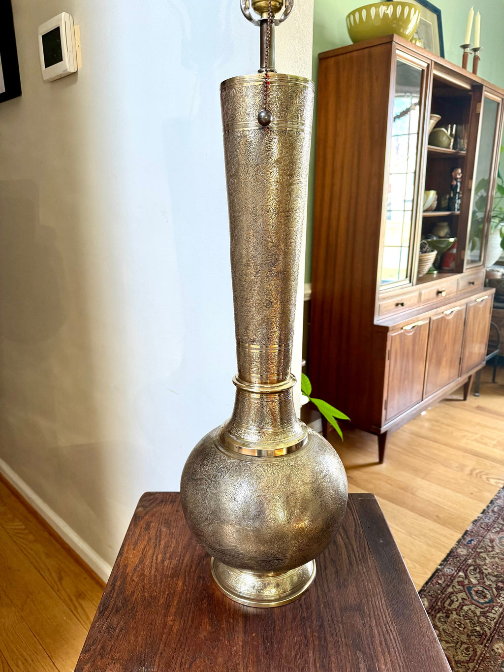 Vtg Brass India Engraved Lamp | Mid Century Era Middle Eastern Engraved Brass Lamp | Tall Etched Brass Semi-polished Lamp