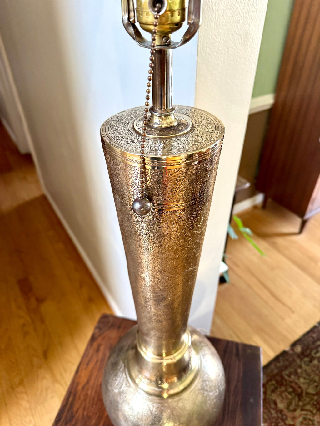 Vtg Brass India Engraved Lamp | Mid Century Era Middle Eastern Engraved Brass Lamp | Tall Etched Brass Semi-polished Lamp