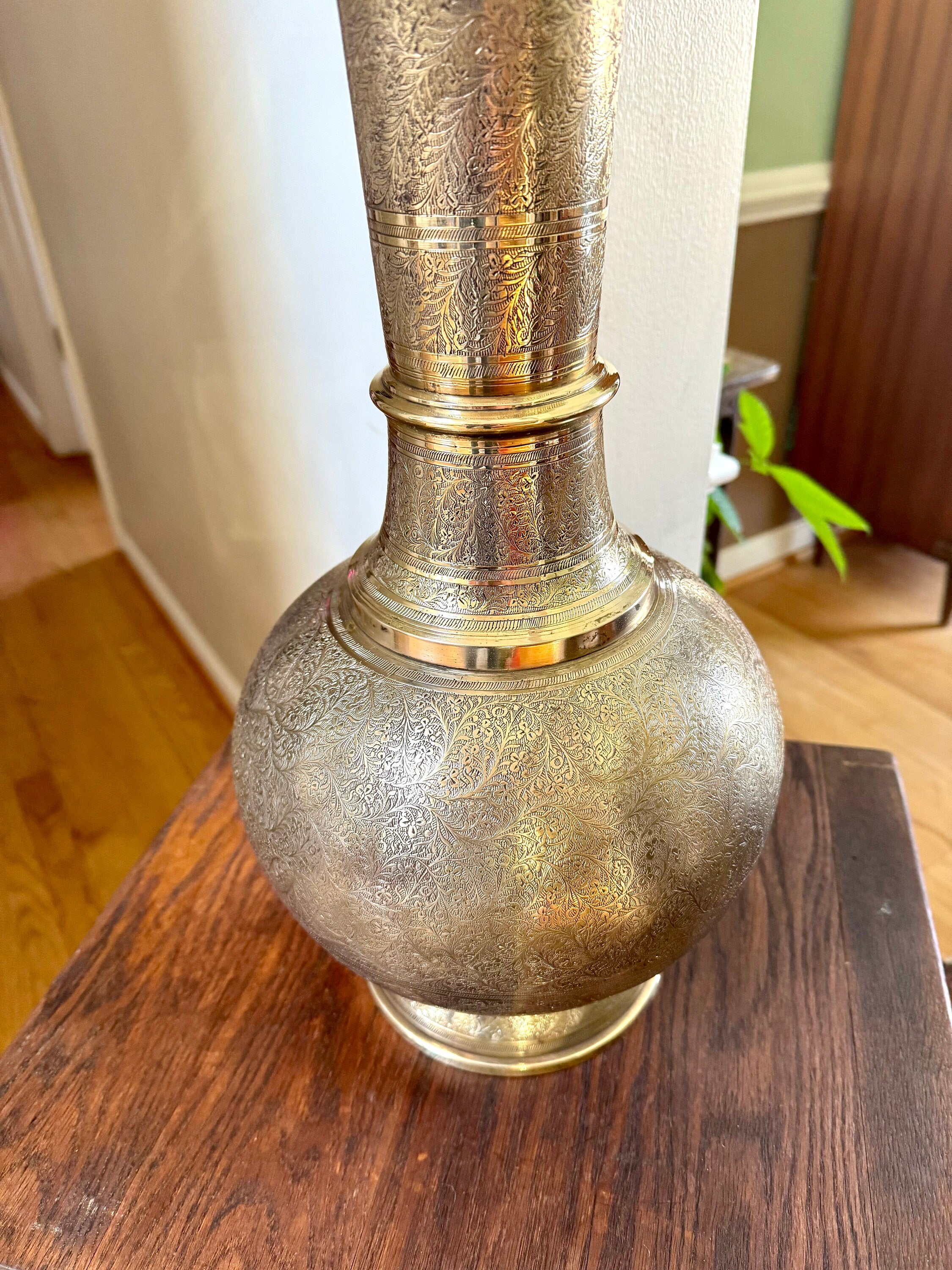 Vtg Brass India Engraved Lamp | Mid Century Era Middle Eastern Engraved Brass Lamp | Tall Etched Brass Semi-polished Lamp