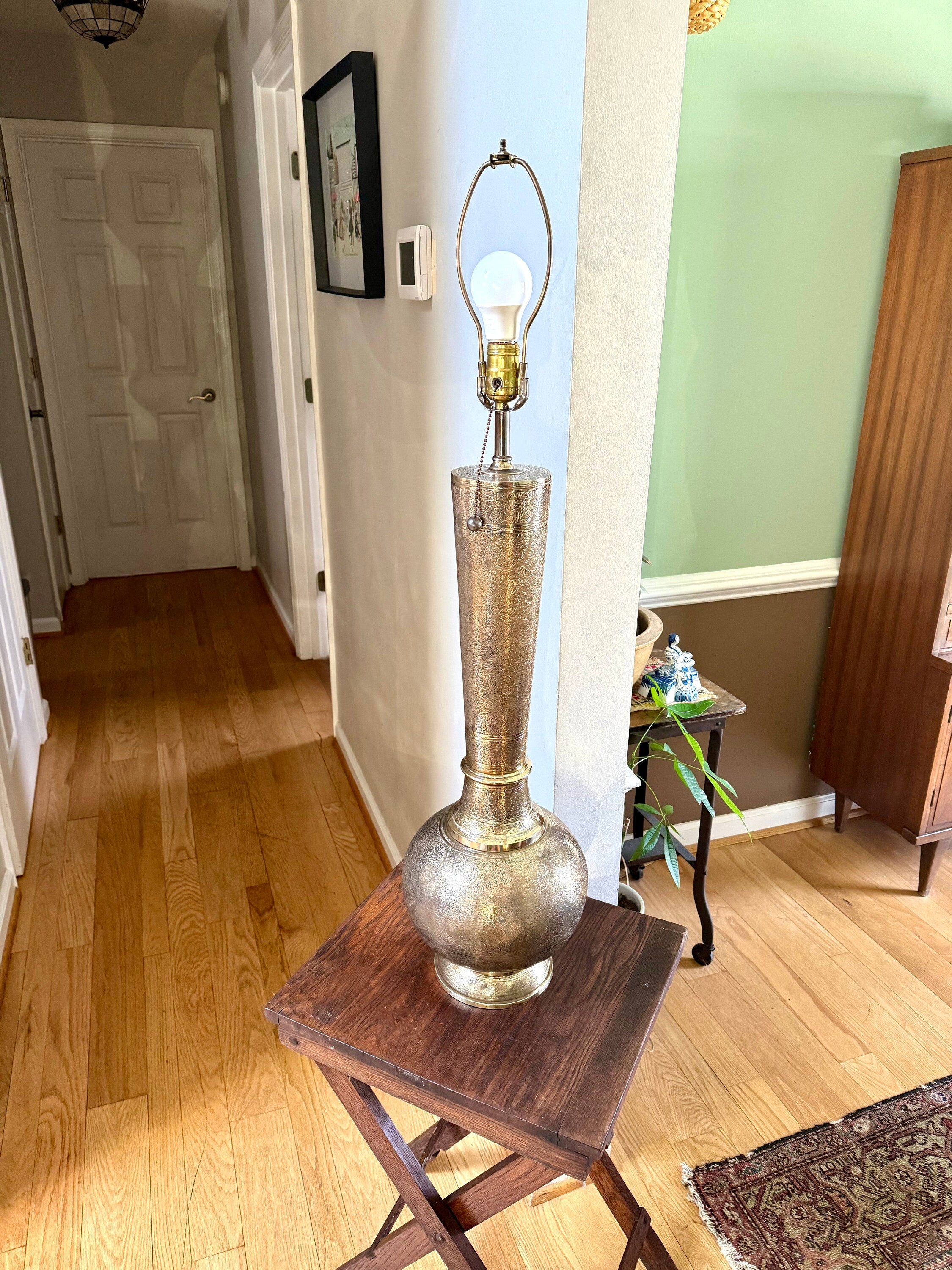 Vtg Brass India Engraved Lamp | Mid Century Era Middle Eastern Engraved Brass Lamp | Tall Etched Brass Semi-polished Lamp