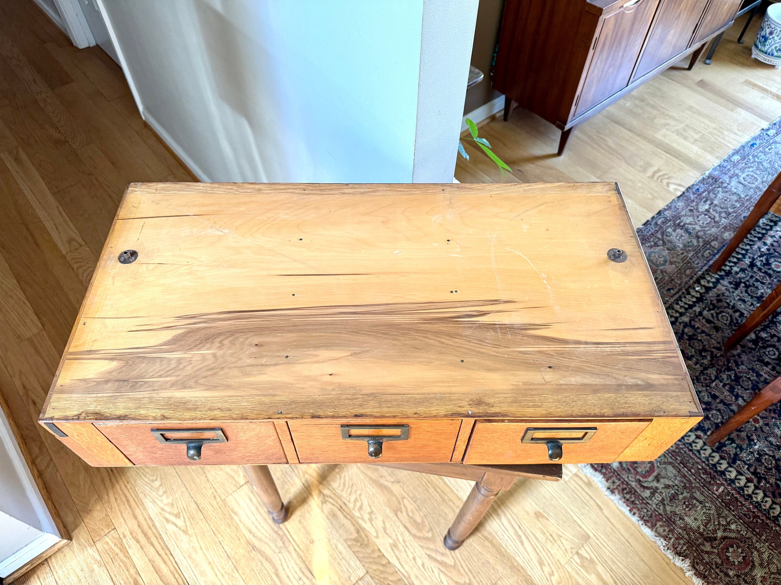 Vtg Wooden Globe Wernicke Card Catalog | Wood Card Catalog Cabinet | Rustic Storage | 3 Drawer Globe Cabinet| Library Card Catalog Table