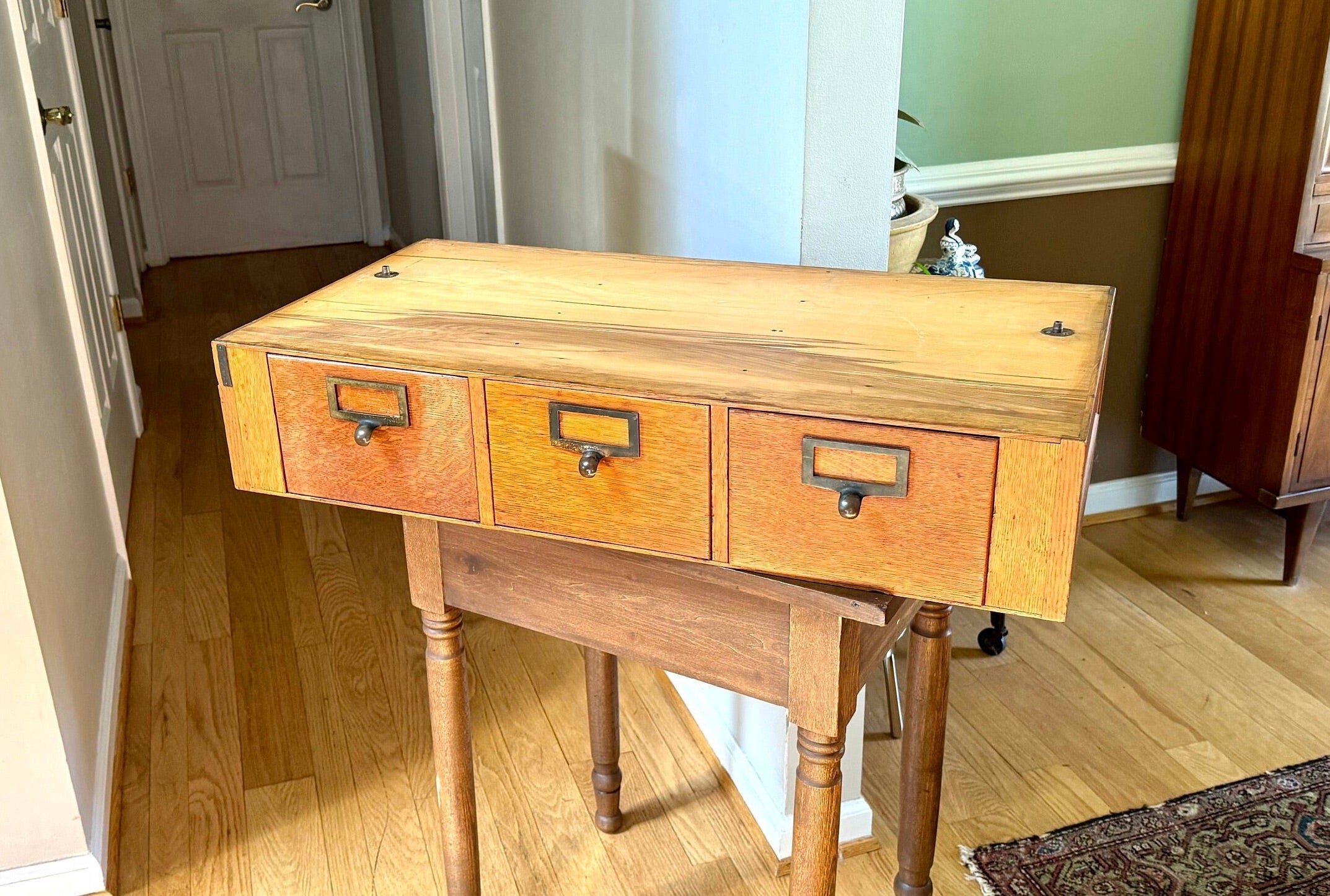 Vtg Wooden Globe Wernicke Card Catalog | Wood Card Catalog Cabinet | Rustic Storage | 3 Drawer Globe Cabinet| Library Card Catalog Table