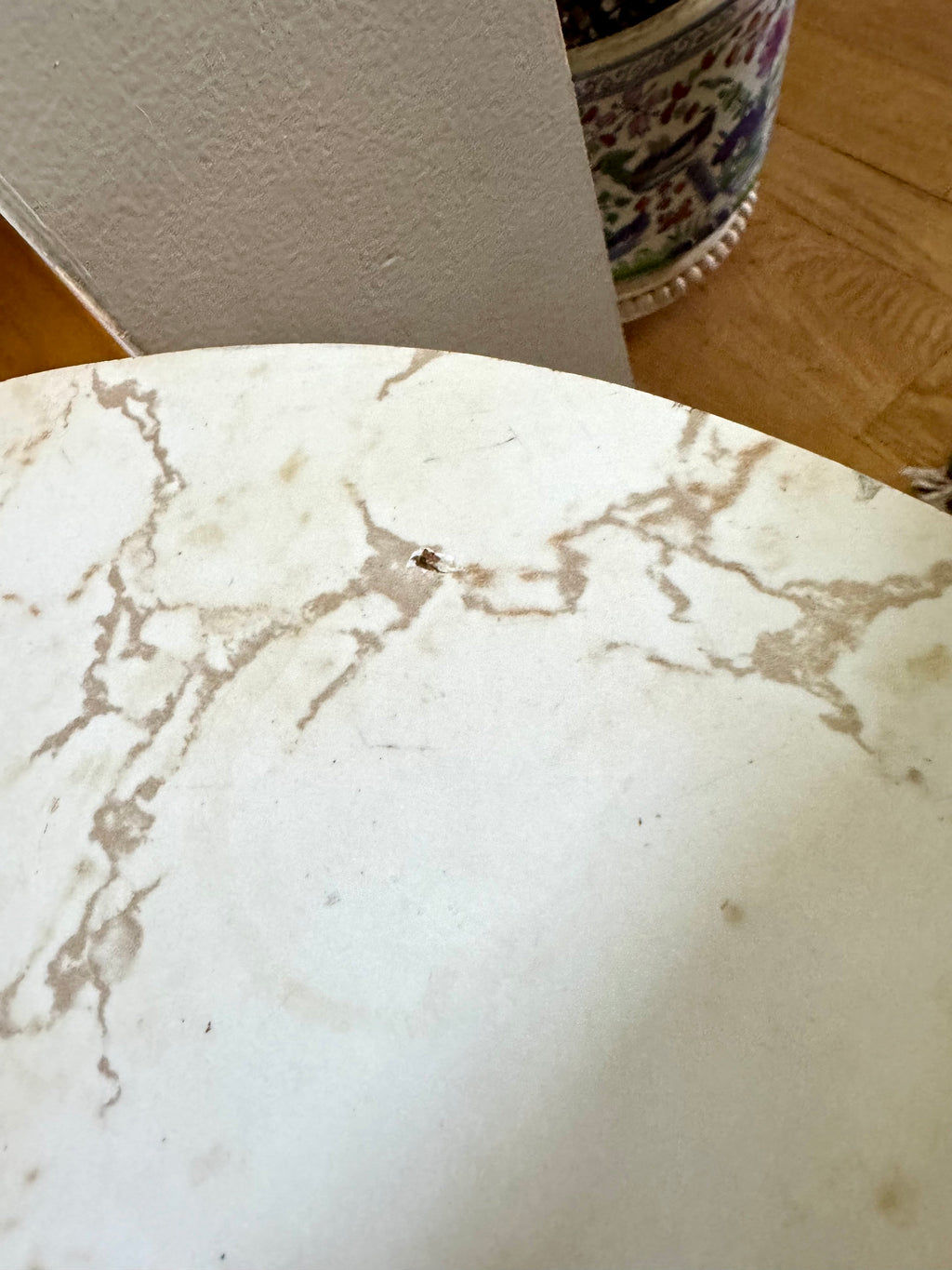 Vtg MCM Formica Side Table | Formica End Table | Belgian Juliette Berlarti Side Table | Distressed Belgian Three Legged End Table