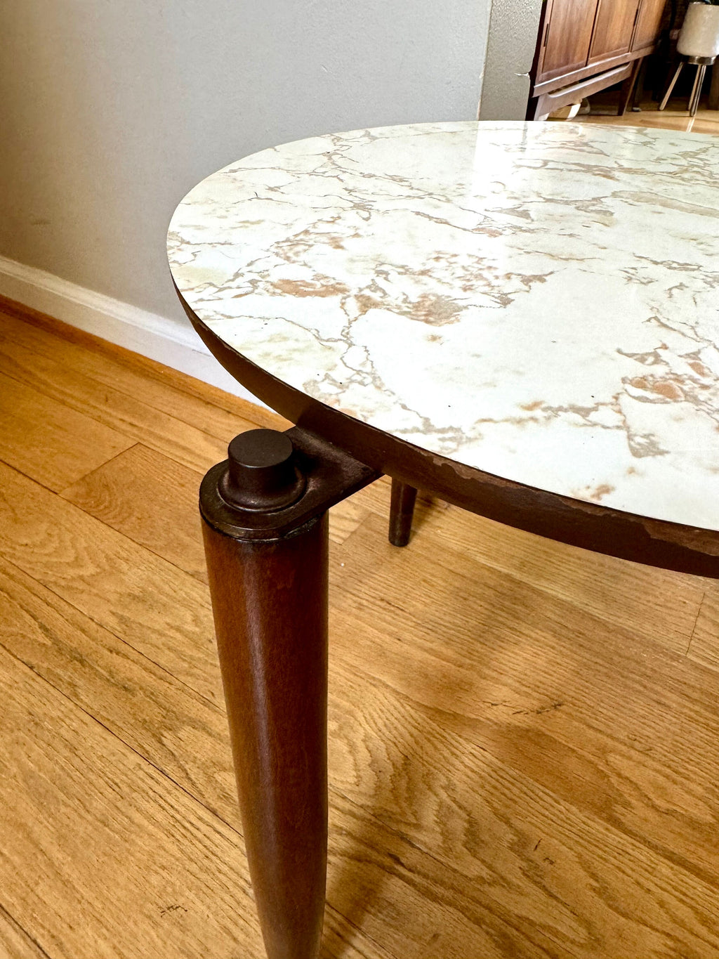 Vtg MCM Formica Side Table | Formica End Table | Belgian Juliette Berlarti Side Table | Distressed Belgian Three Legged End Table
