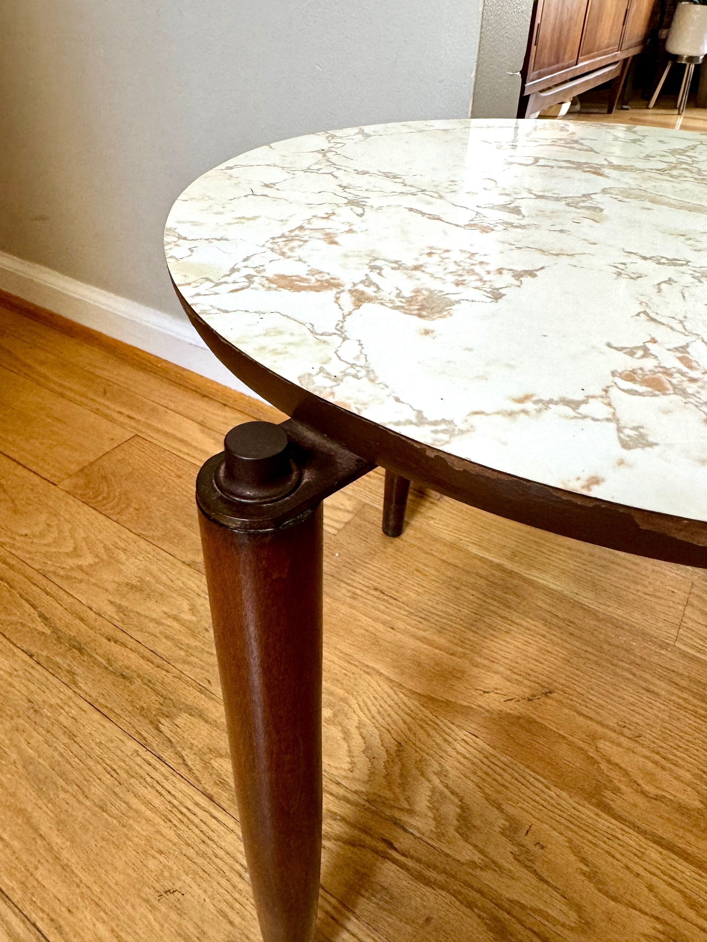 Vtg MCM Formica Side Table | Formica End Table | Belgian Juliette Berlarti Side Table | Distressed Belgian Three Legged End Table