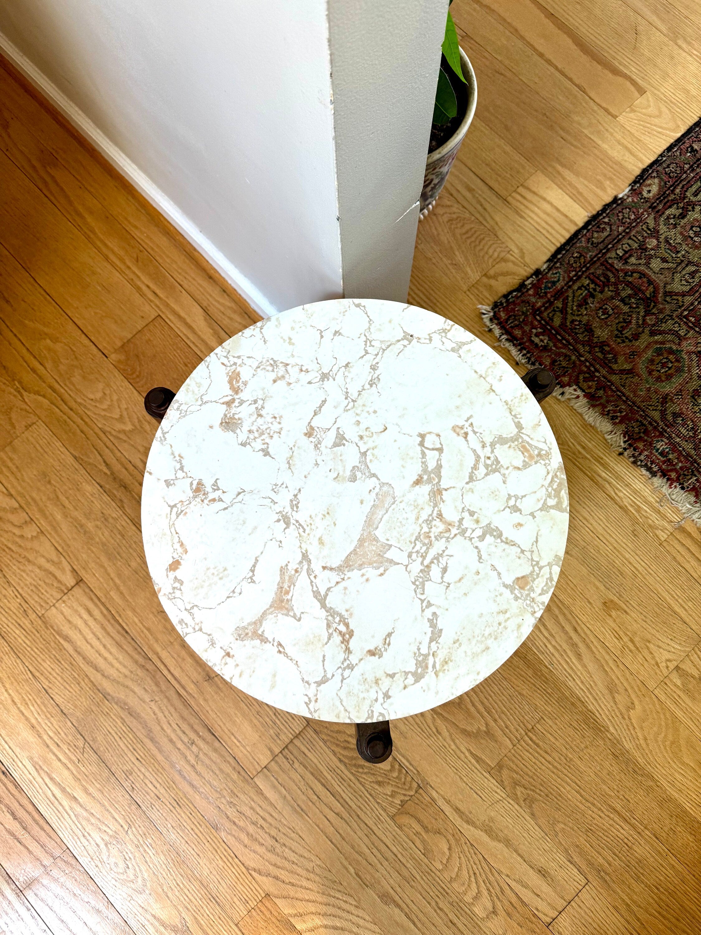 Vtg MCM Formica Side Table | Formica End Table | Belgian Juliette Berlarti Side Table | Distressed Belgian Three Legged End Table