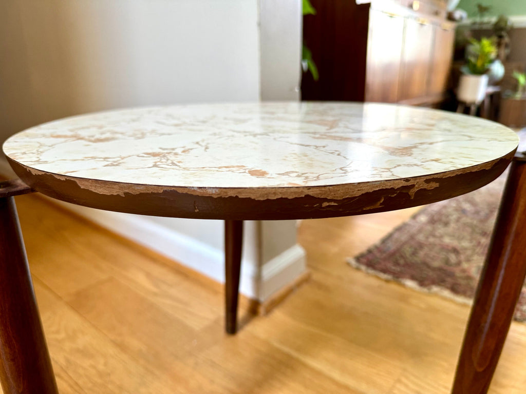 Vtg MCM Formica Side Table | Formica End Table | Belgian Juliette Berlarti Side Table | Distressed Belgian Three Legged End Table