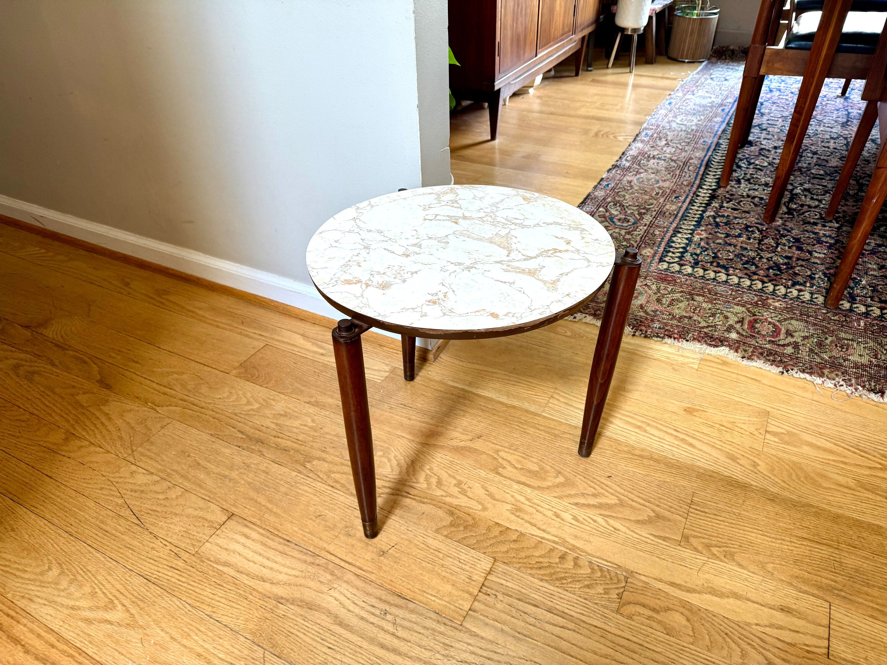Vtg MCM Formica Side Table | Formica End Table | Belgian Juliette Berlarti Side Table | Distressed Belgian Three Legged End Table