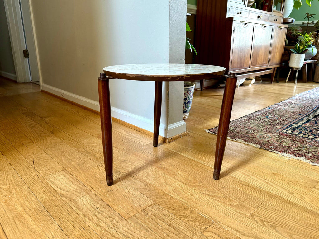 Vtg MCM Formica Side Table | Formica End Table | Belgian Juliette Berlarti Side Table | Distressed Belgian Three Legged End Table