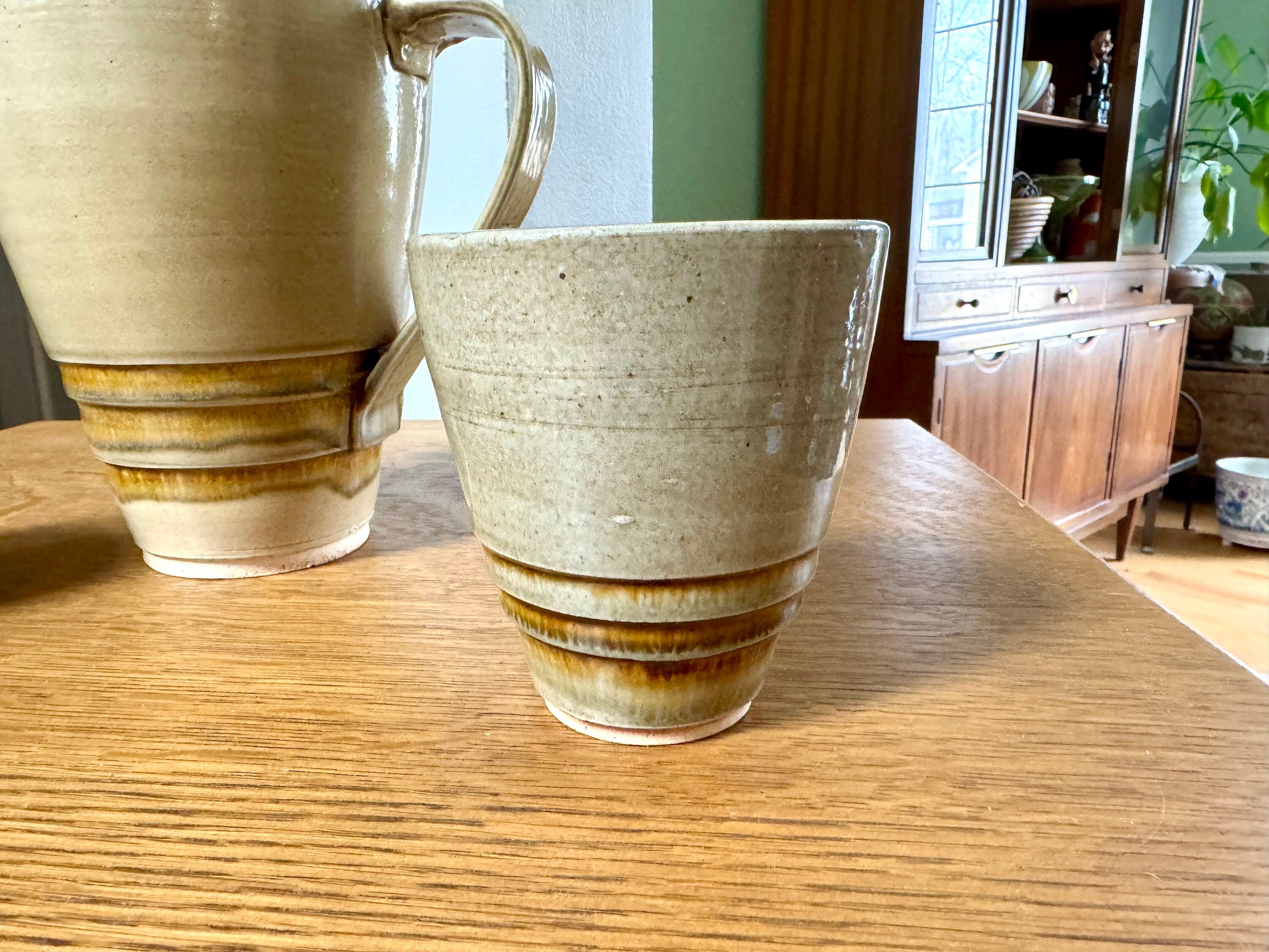 Vtg Stoneware Pottery Pitcher and 2 Cups | Ceramic Pitcher and Mugs | Glazed Stoneware Drinking Set