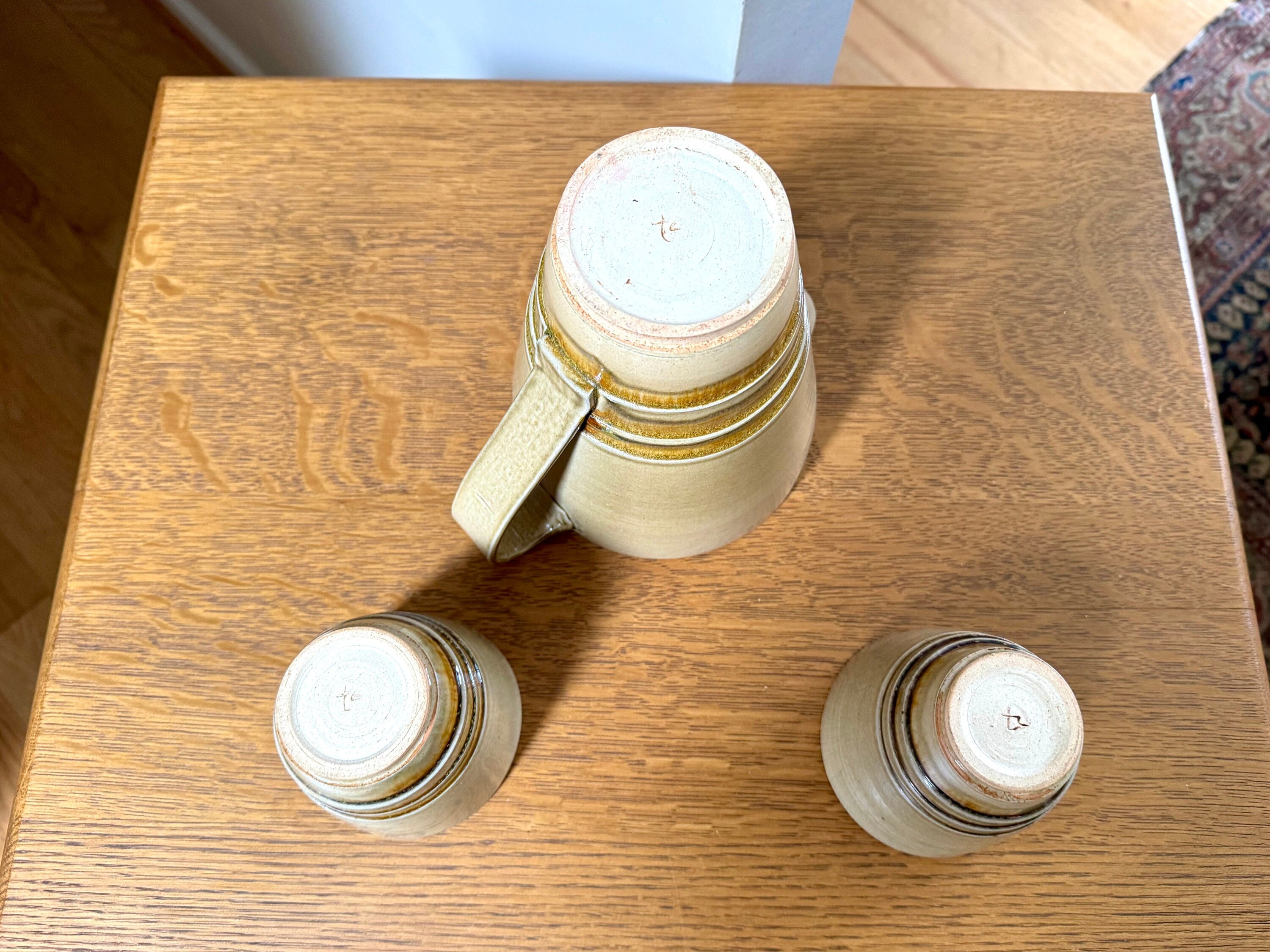 Vtg Stoneware Pottery Pitcher and 2 Cups | Ceramic Pitcher and Mugs | Glazed Stoneware Drinking Set