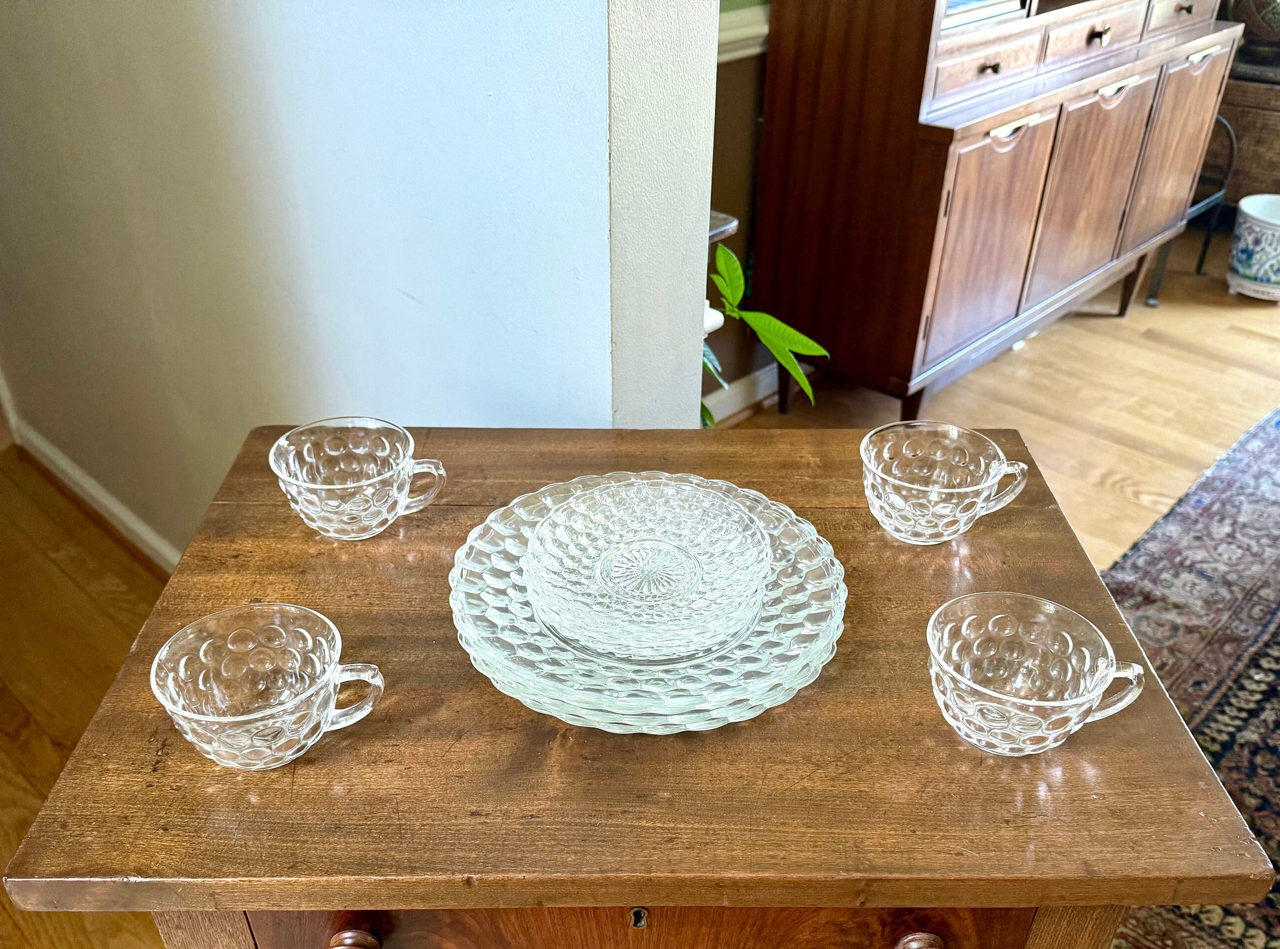 Vtg Set of Anchor Hocking Bubble Glass | Anchor Hocking Bubble Glass Cups, Saucers and Plates | Clear Set of 12 Bubble Serving Dishes
