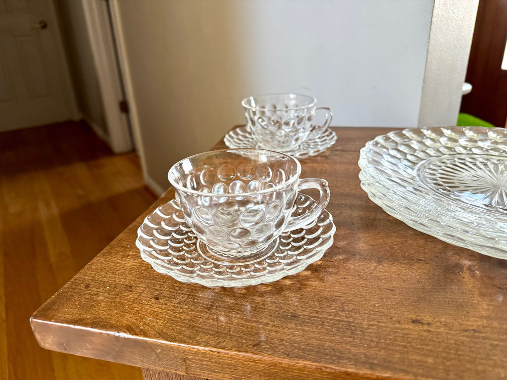 Vtg Set of Anchor Hocking Bubble Glass | Anchor Hocking Bubble Glass Cups, Saucers and Plates | Clear Set of 12 Bubble Serving Dishes