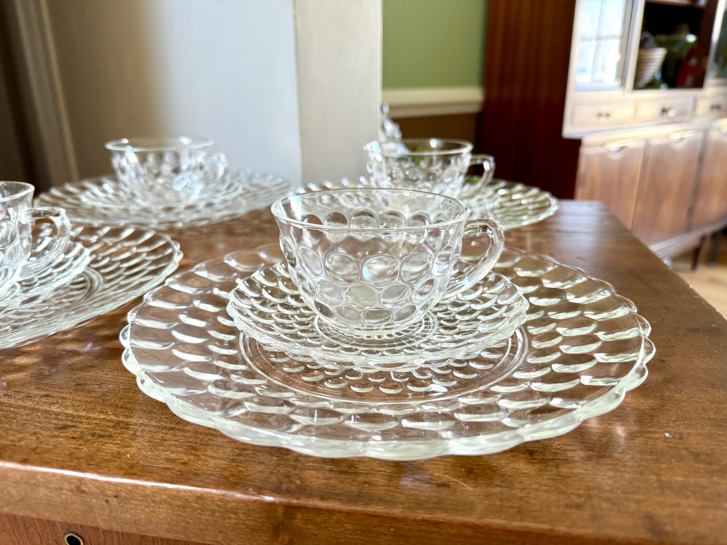 Vtg Set of Anchor Hocking Bubble Glass | Anchor Hocking Bubble Glass Cups, Saucers and Plates | Clear Set of 12 Bubble Serving Dishes